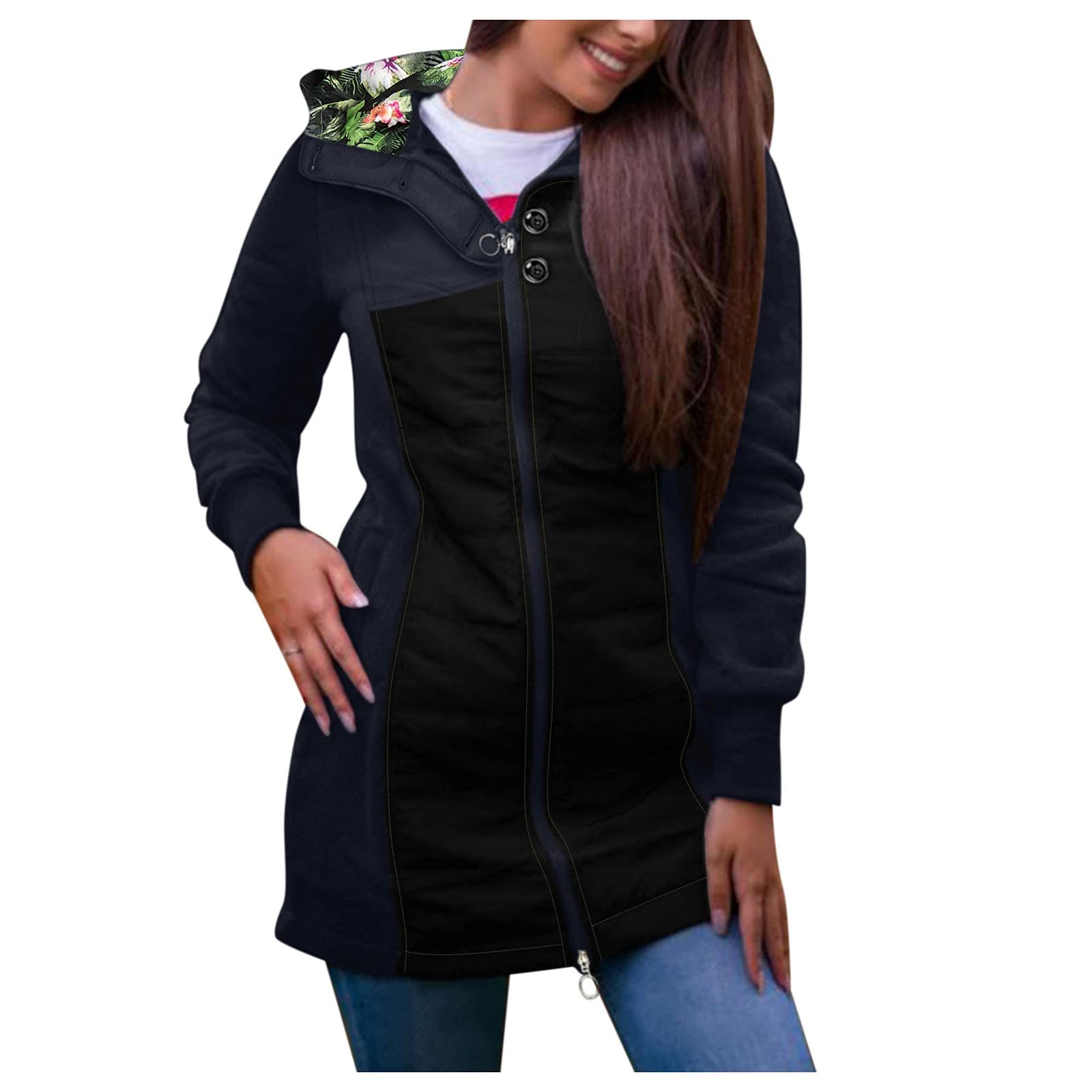 Women's Stylish Casual Print Hooded Turtleneck Zipper Pocket Overcoat Jacket for Poolside and Outdoor Activities