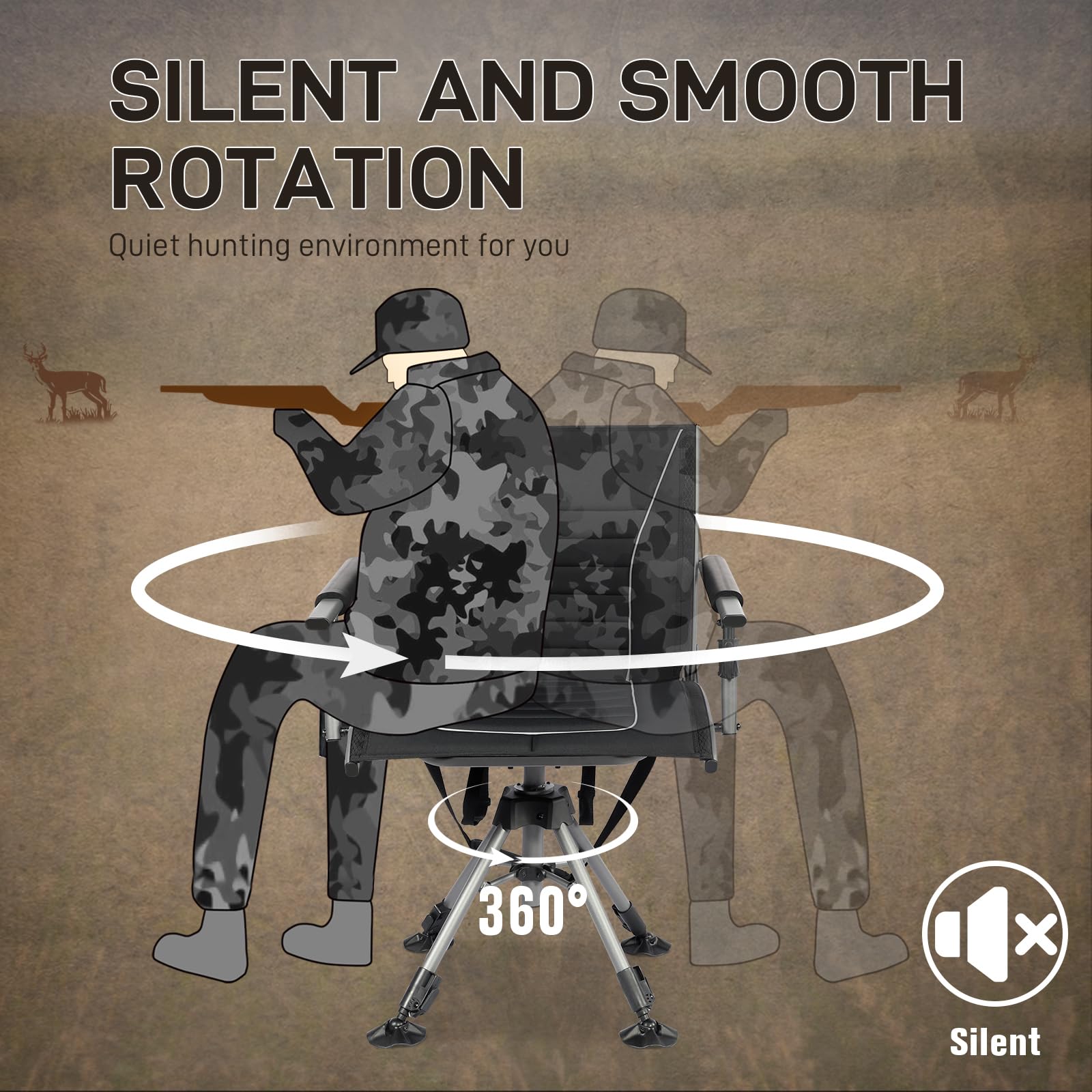 EVER ADVANCED 360° Silent Swivel Hunting Chair - Adjustable Folding Seat for Hunting Blinds, Fishing & Outdoor Activities - Supports 300lbs - Black - Perfect for Hunting, Fishing, Camping & Outdoor Relaxation