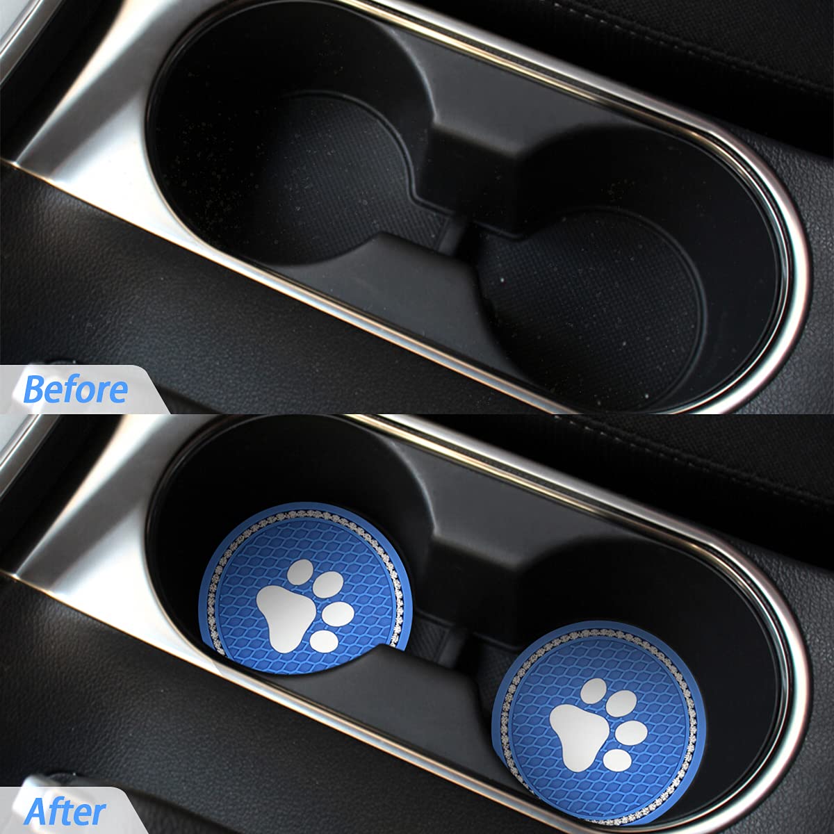 2PCS Universal Rhinestone Car Cup Coasters - Sparkling Dog Paw Design Car Accessories, 2.75 Inch Non-Slip Cup Holder Insert Mat Pad Set for Most Vehicles (Dark Blue) - Perfect for Protecting Car Interior from Spills & Adding Stylish Decor