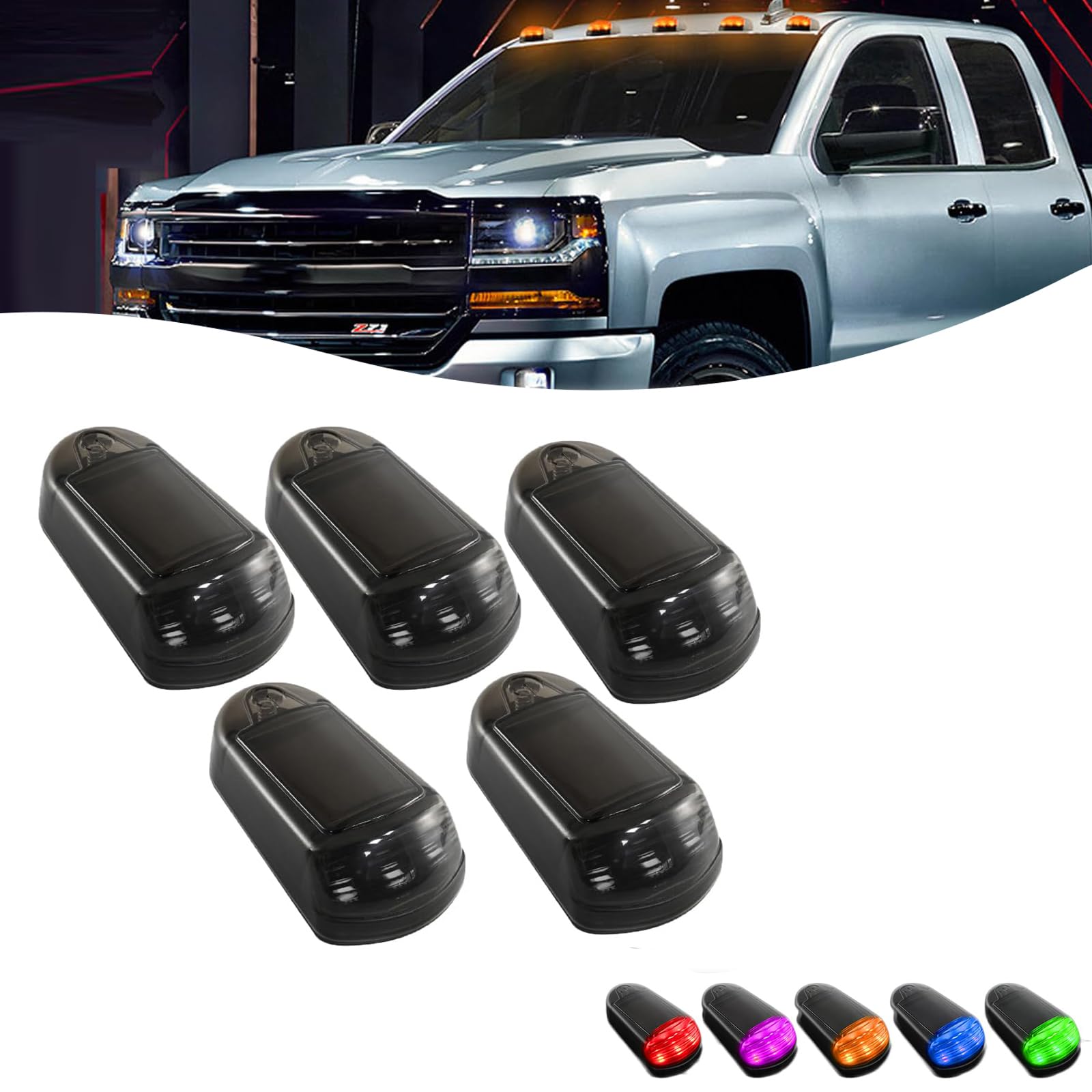 Wireless Solar Powered Cab Lights for Trucks - No Drill Installation, 7 Color Options (5-Pack Black) - Perfect for Off-Roading, Camping & Nighttime Visibility