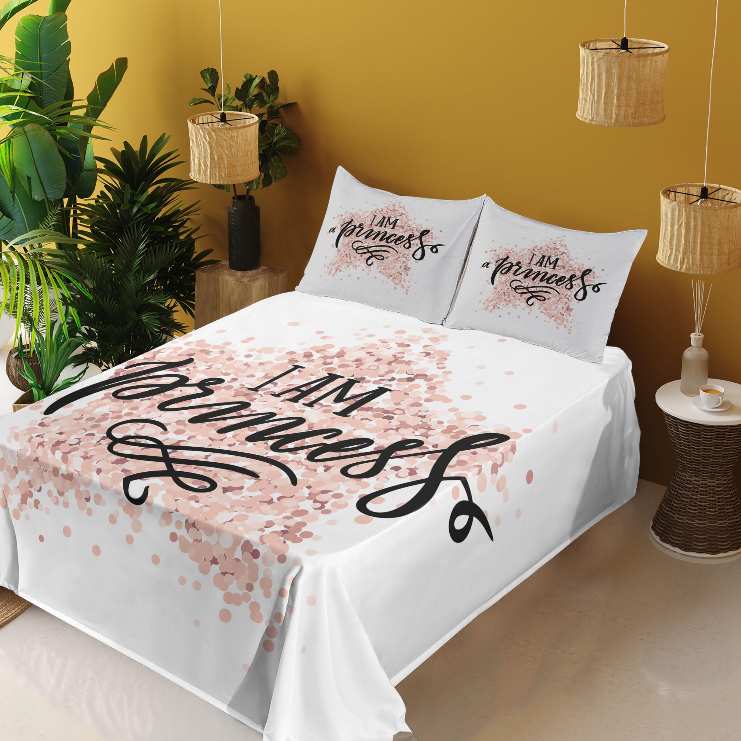 Ambesonne 4-Piece King Size Cartoon Sheet Set - Modern Calligraphic Words on Dotted Background, Hand Lettering Design, Fitted & Flat Sheets with Pillowcases, White Black Blush Bedding | Perfect for Kids' Rooms, Guest Bedrooms & Modern Home Decor