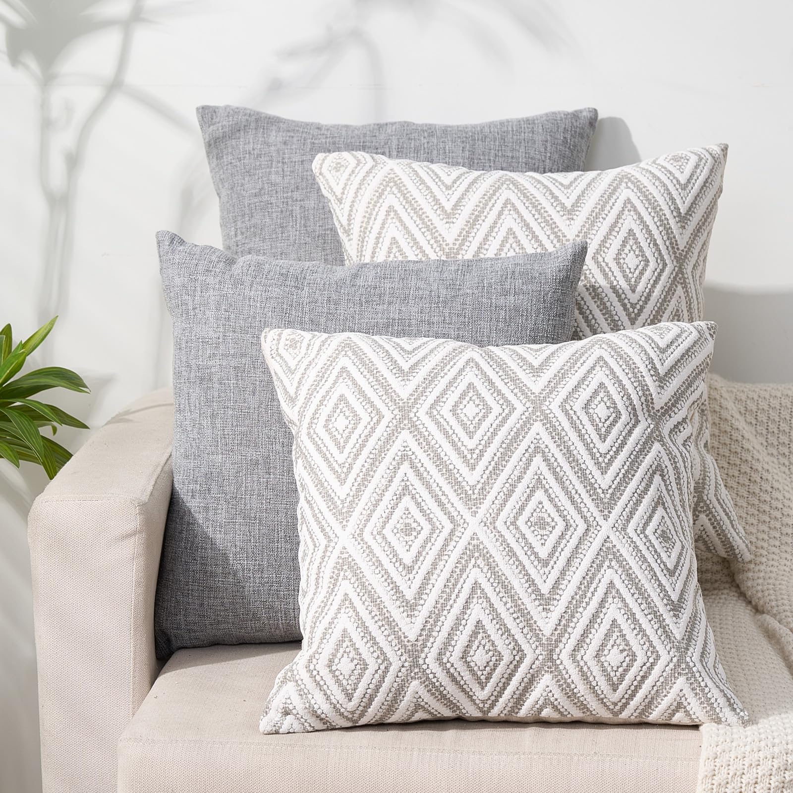 Farmhouse Style Decorative Pillow Covers Set of 4 - 18x18 Inch Grey Polyester Couch Throw Pillow Cases for Sofa, Bed, Living Room - Perfect for Home Decor, Cozy Farmhouse Aesthetic & Seasonal Styling