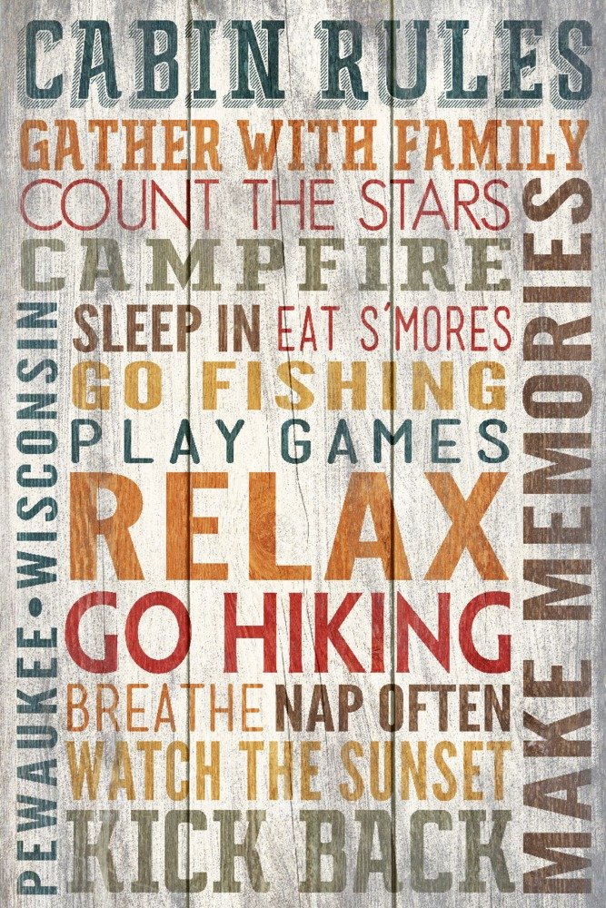 Pewaukee Wisconsin Cabin Rules Rustic Typography Wall Art - 24x36 Signed Print Master Art Poster for Cabin Decor, Lake House, Hunting Lodge & Country Home Wall Decor