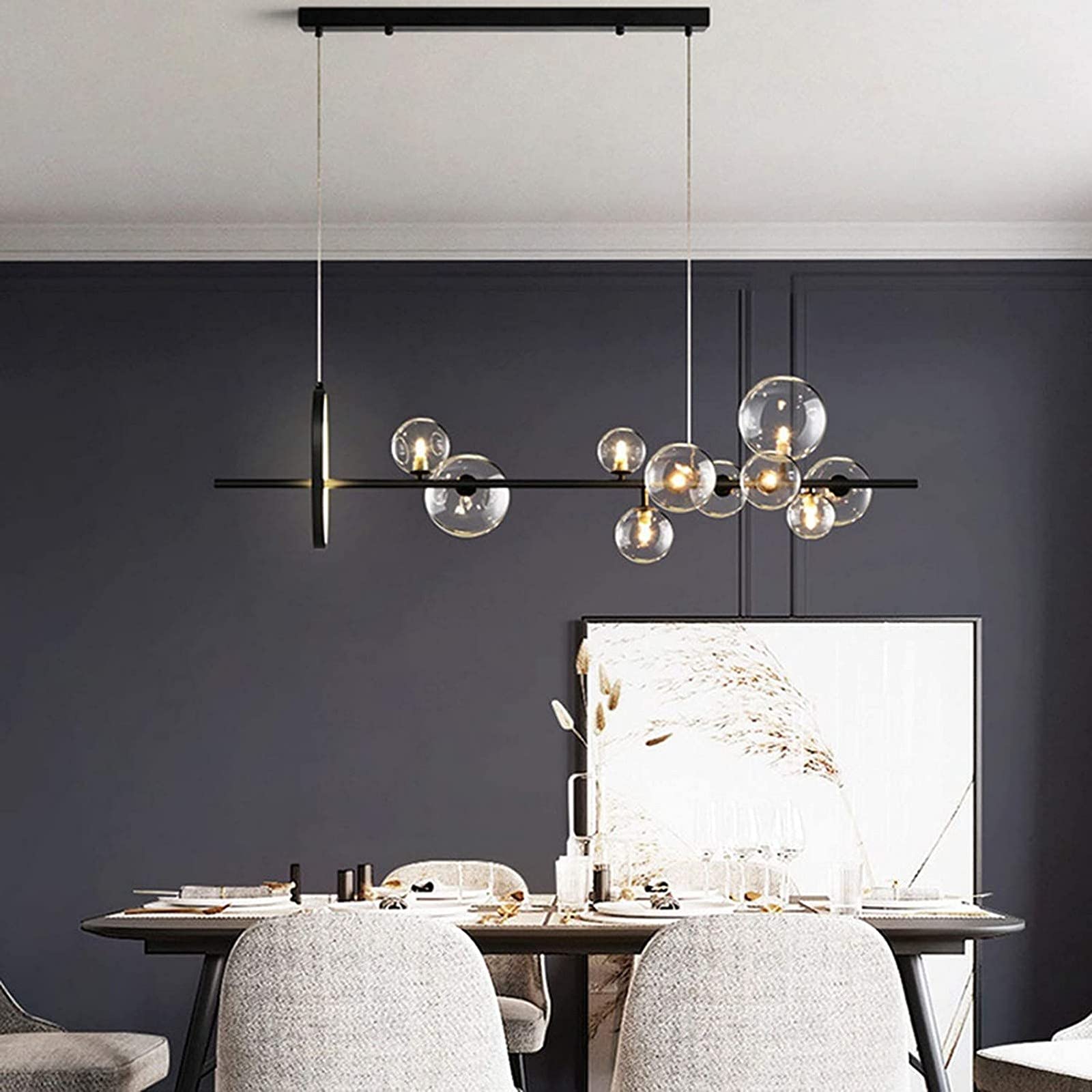 Modern Linear LED Chandelier Ceiling Light with Clear Glass Globe - Black Nordic Style Dining Room Pendant Light for Kitchen Island, Bedroom, Living Room & Office