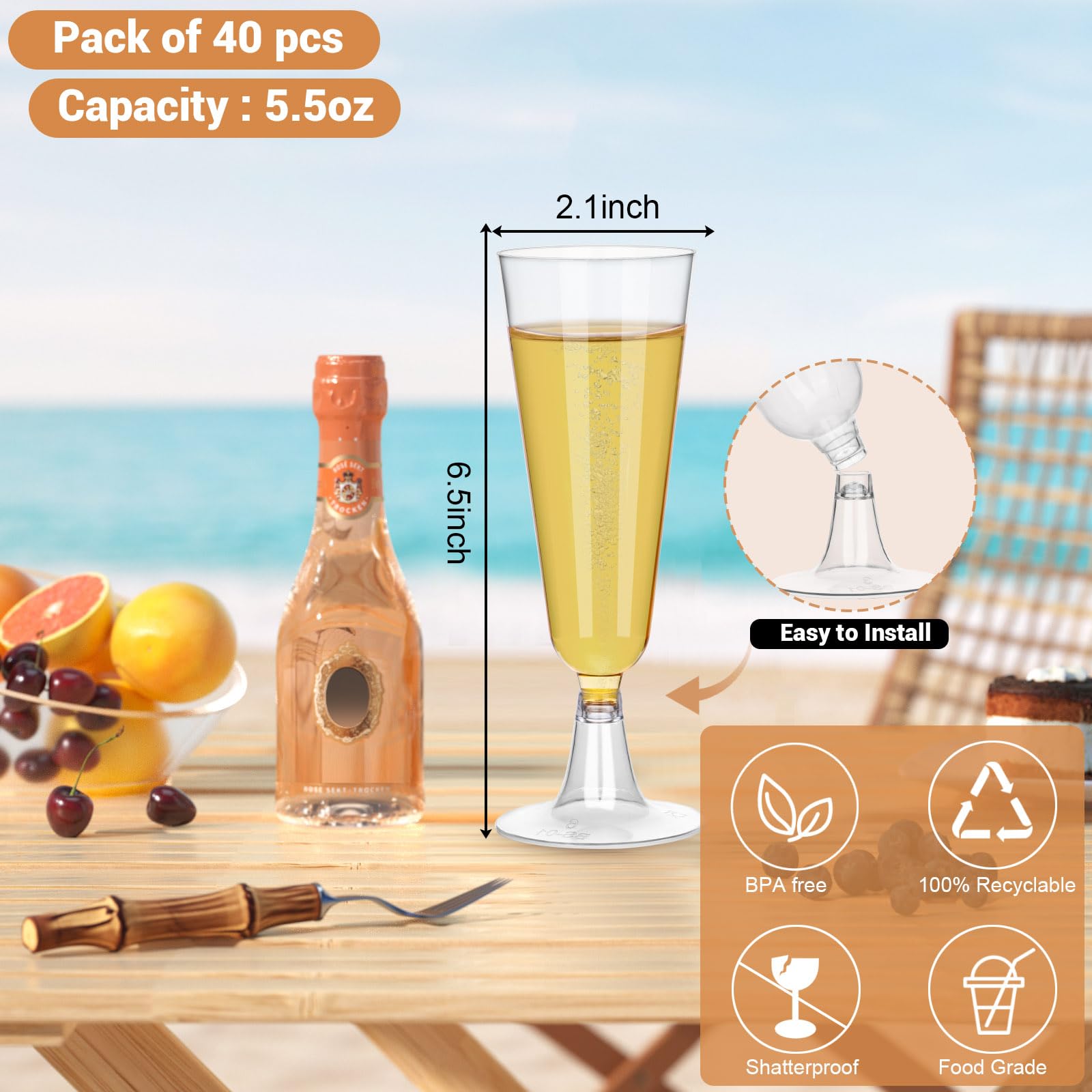 40 Pcs Clear Plastic Champagne Flutes - 5.5