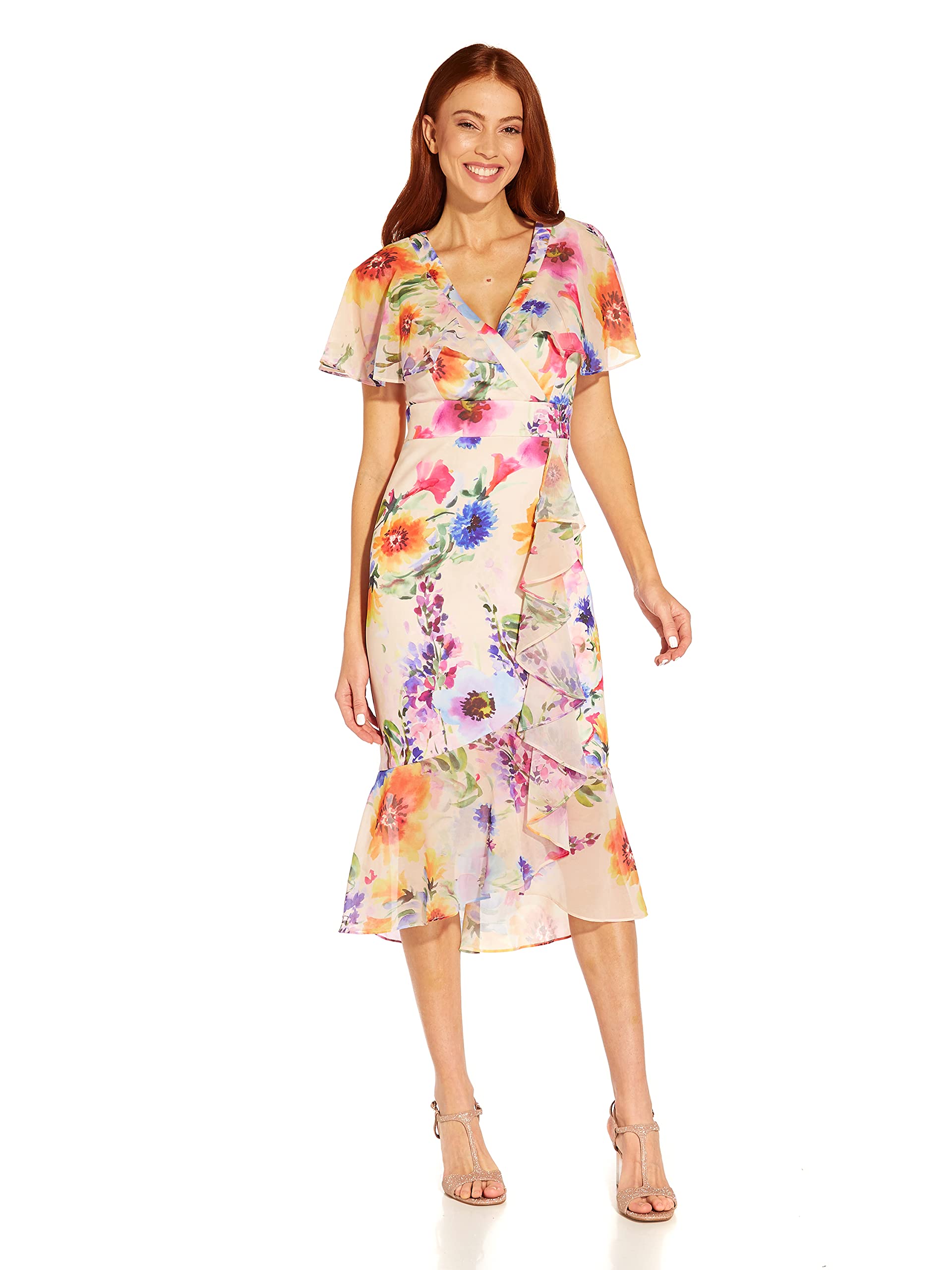 Adrianna Papell Women's Floral Print Faux Wrap Ruffle Midi Dress - Elegant Party & Cocktail Attire for Weddings, Dinners & Special Occasions