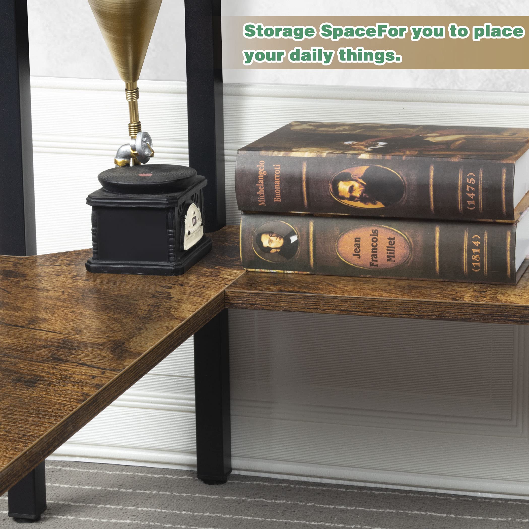 LAVIEVERT Rustic Brown Triangle Corner Desk with Storage Shelves - Compact Computer Desk for Laptop, Writing & Study - Perfect for Small Spaces, Home Office & Dorm Rooms