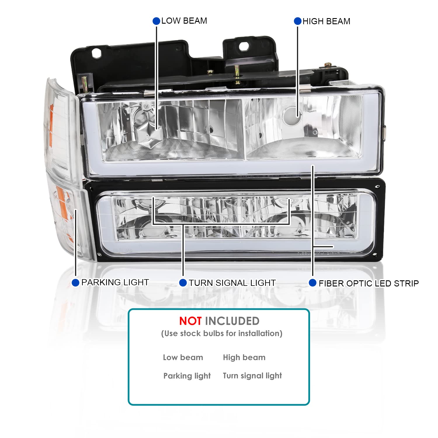 Spec-D Tuning Chrome LED Bar Headlights with Bumper & Corner Lights - Compatible with 1994-1998 GMC C10 C/K Suburban Sierra - Left & Right Pair Headlamp Assembly - Upgrade for Off-Road & Night Driving Visibility