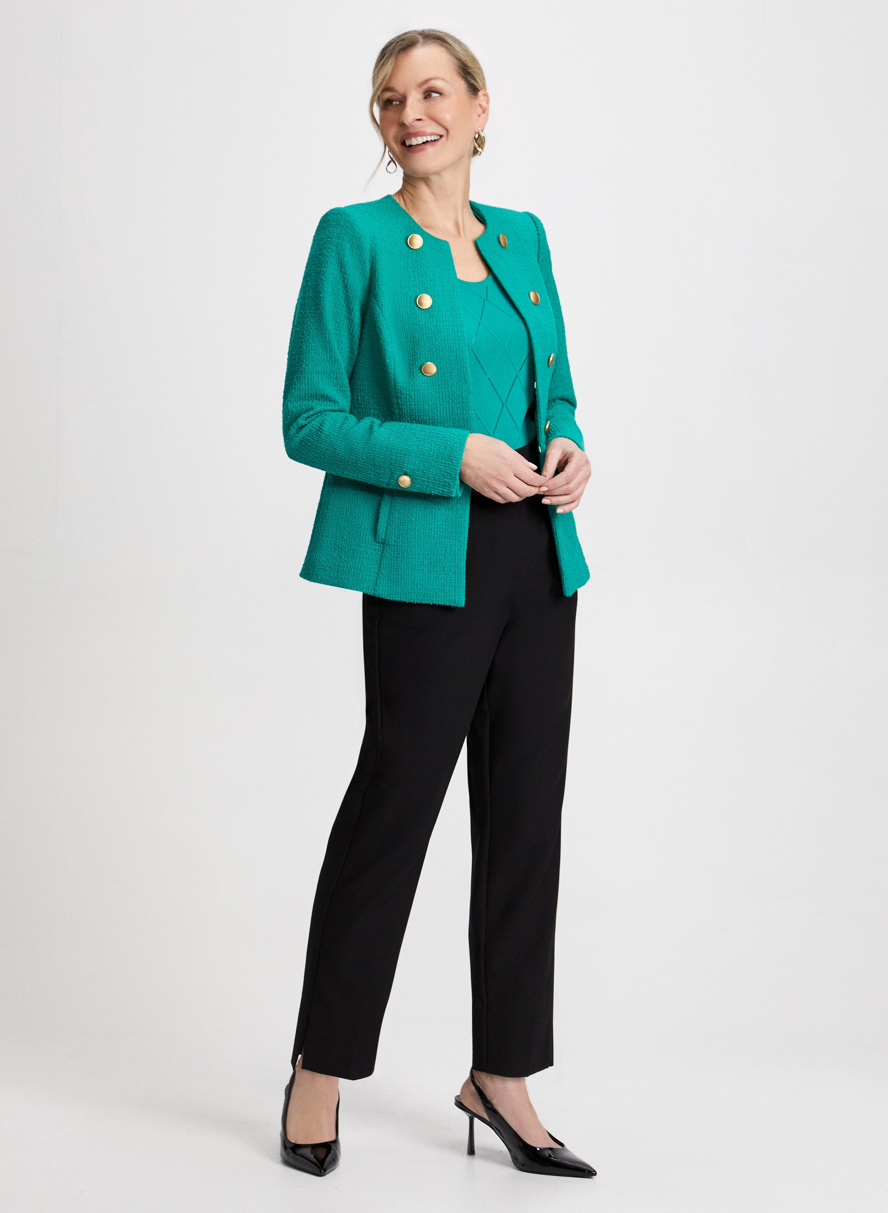 Bouclé Jacket & Slim Leg Pants Set - Women's Elegant Knit Blazer and Trousers Outfit for Office, Dinner Dates & Special Occasions