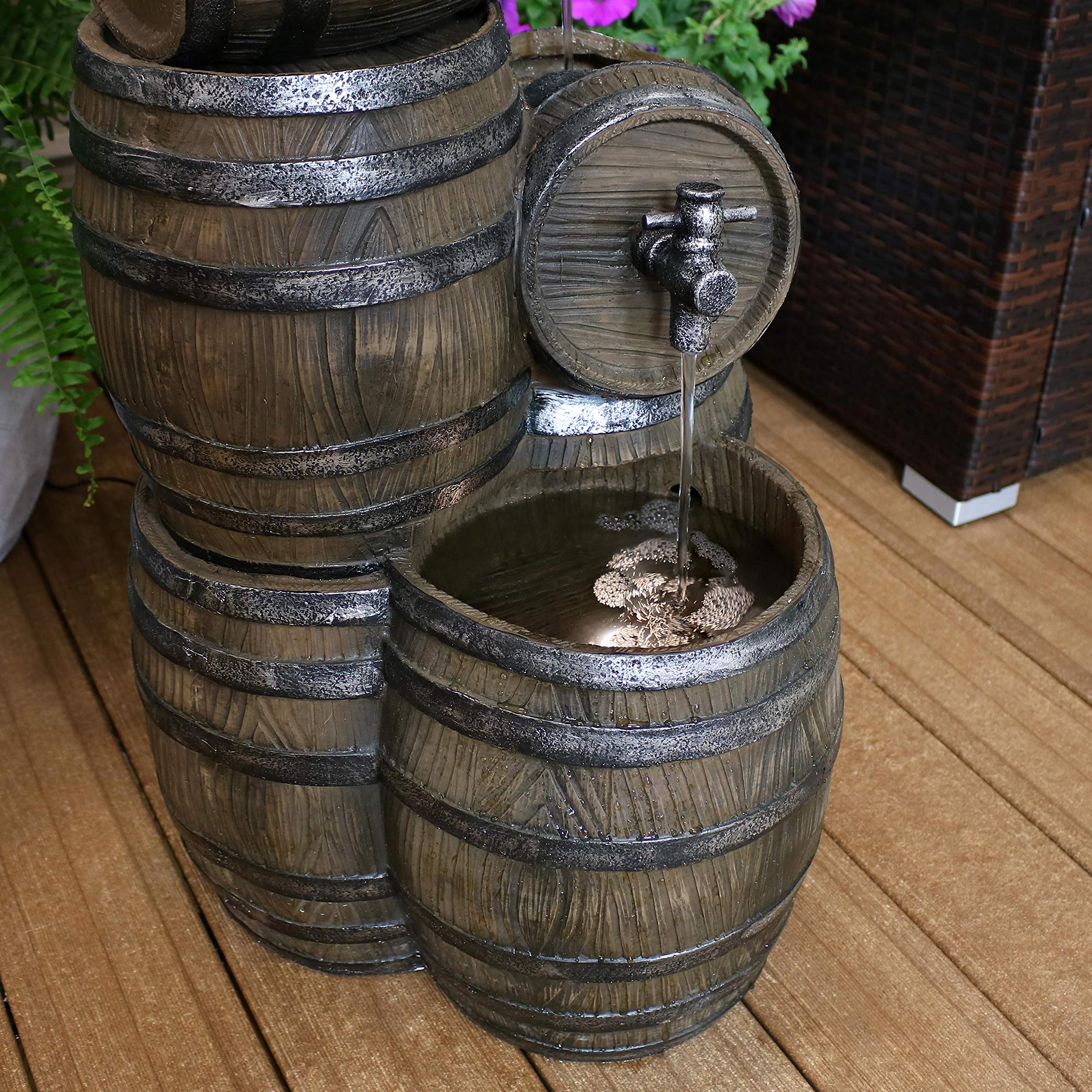 Sunnydaze 29-Inch Whiskey Barrel Outdoor Water Fountain with LED Lights & Adjustable Flow Electric Pump - Perfect for Garden, Patio, and Backyard Decor