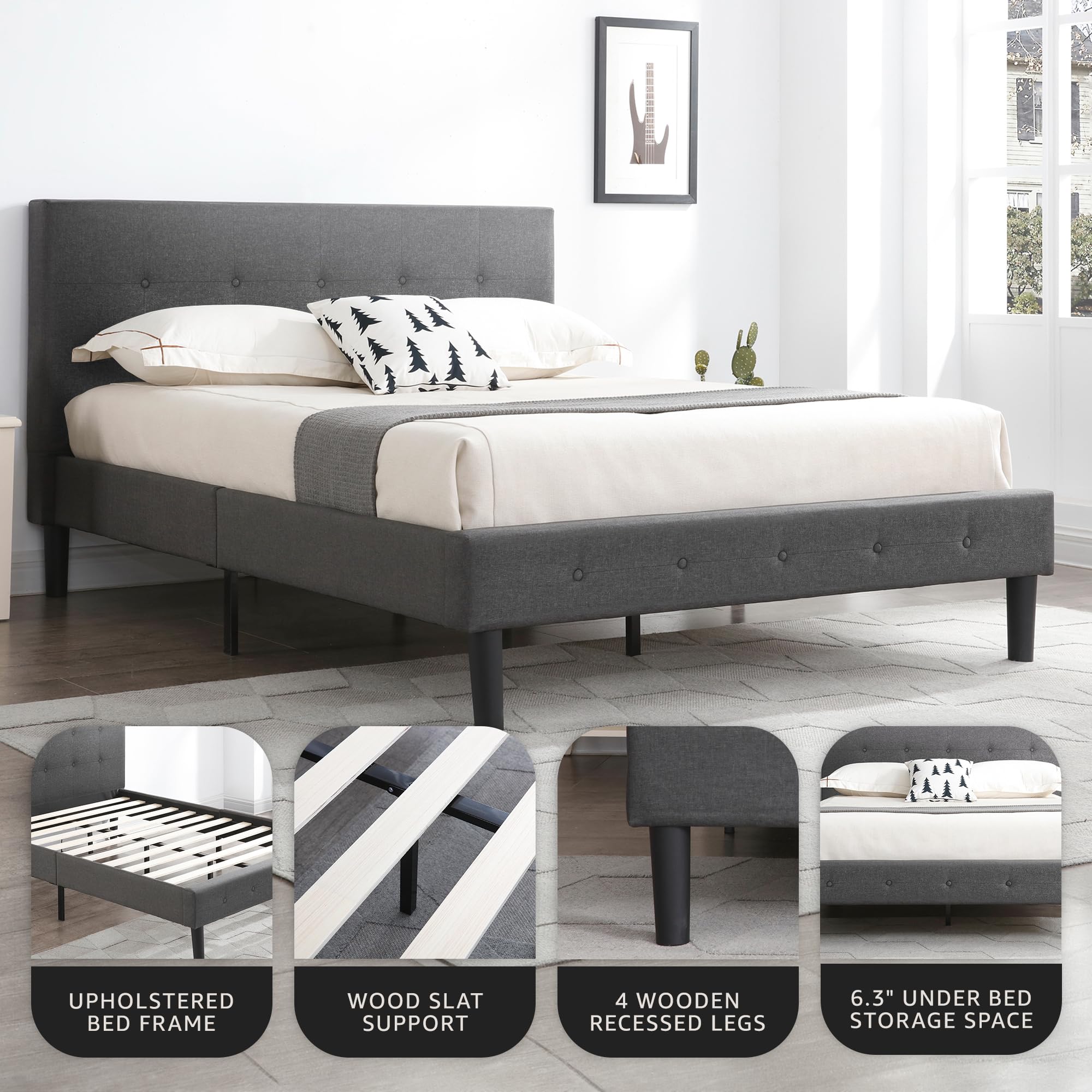 Cambridge Upholstered Wooden Platform Bed Frame - Queen Size Dark Grey - Modern Bedroom Furniture for Master & Guest Rooms
