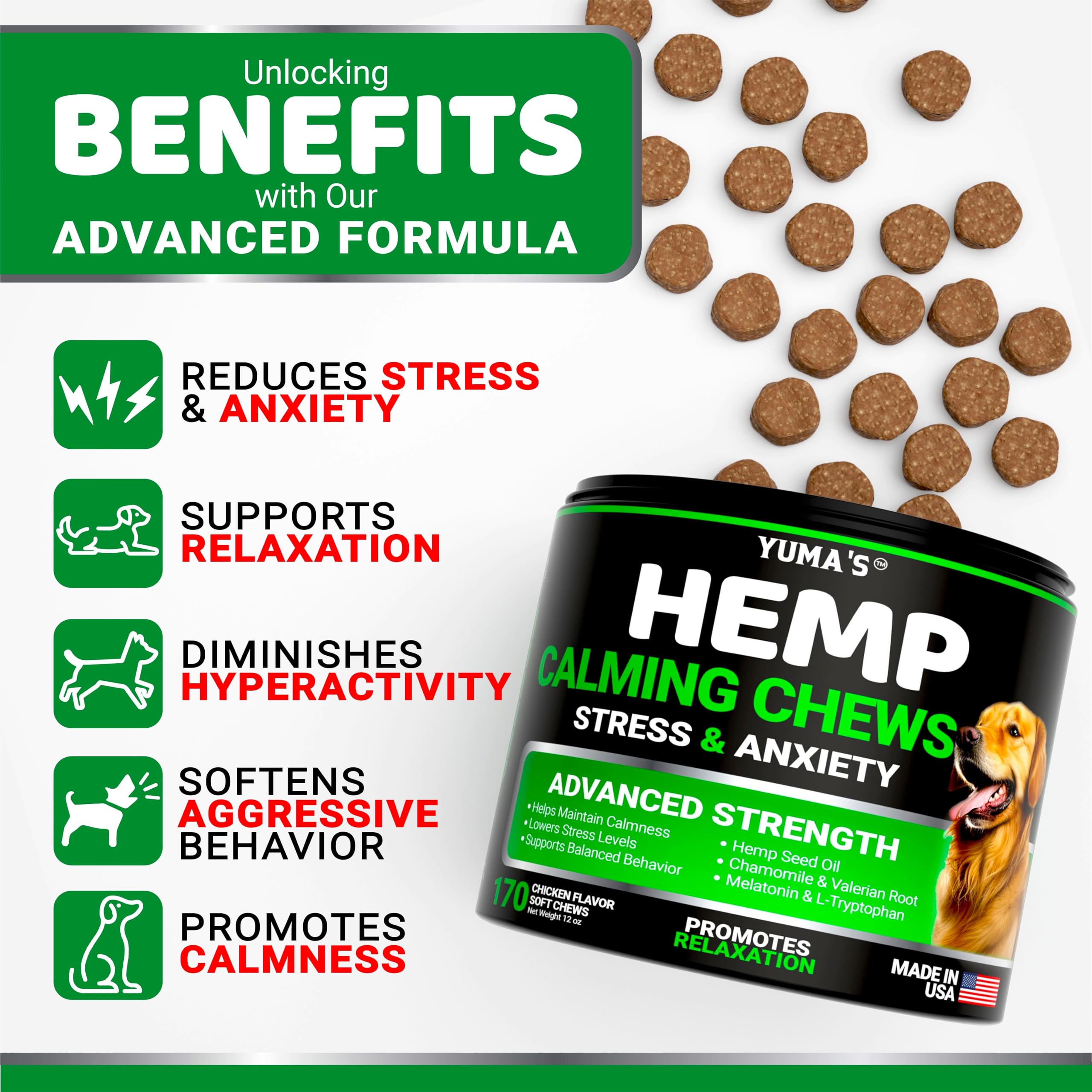 YUMA'S Hemp Calming Chews for Dogs - Natural Anxiety Relief Treats with Melatonin & Hemp Oil - 170 Count - Stress & Barking Control - Separation & Thunderstorm Aid - Made in USA - Perfect for Nervous Pets, Travel, Vet Visits & Fireworks
