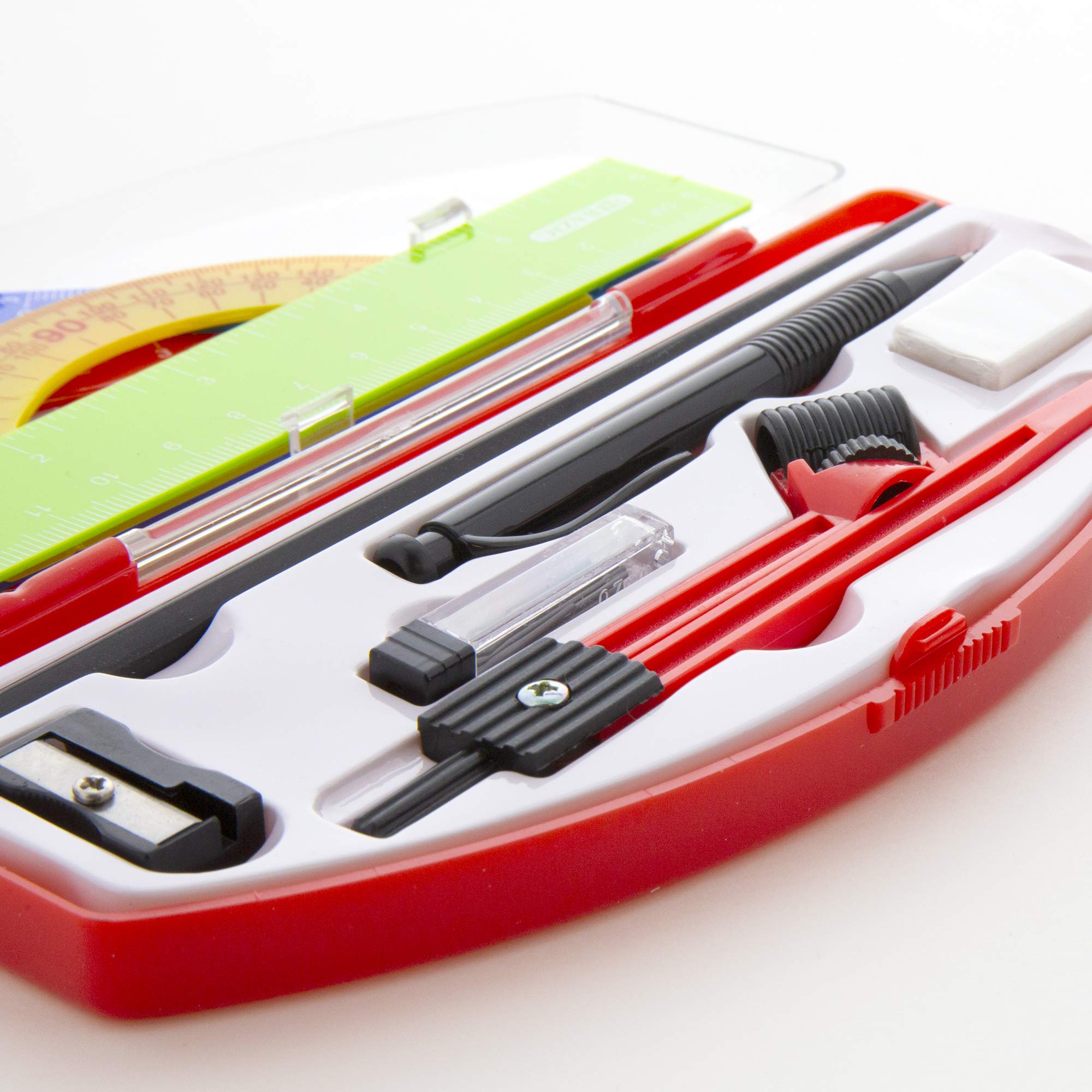 BAZIC 11-Piece Math Geometry Set with Protractor, Compass, 2 Triangle Rulers, Pencil Sharpener, Mechanical Pencil, Lead Refills & Eraser in Storage Box (144-Pack) - Perfect for Students, Engineers, Architects & School Supplies
