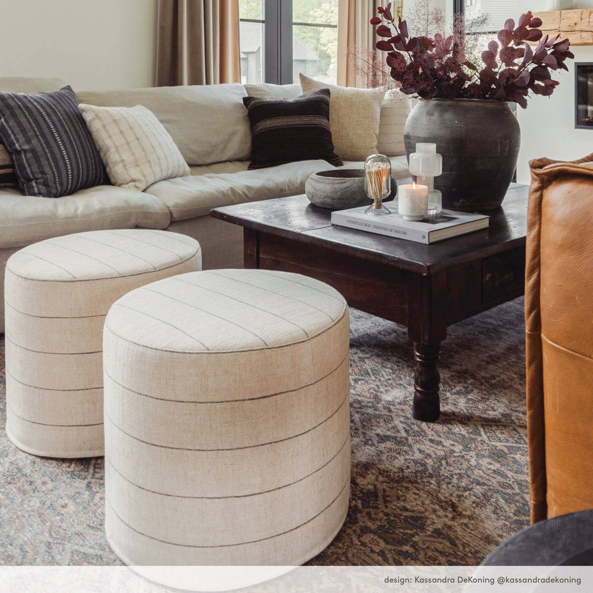 Dunrobin Stripe 18x16 Round Ottoman with Burlap Cover - Stylish and Durable Footrest, Storage Pouf for Living Room, Bedroom, or Nursery