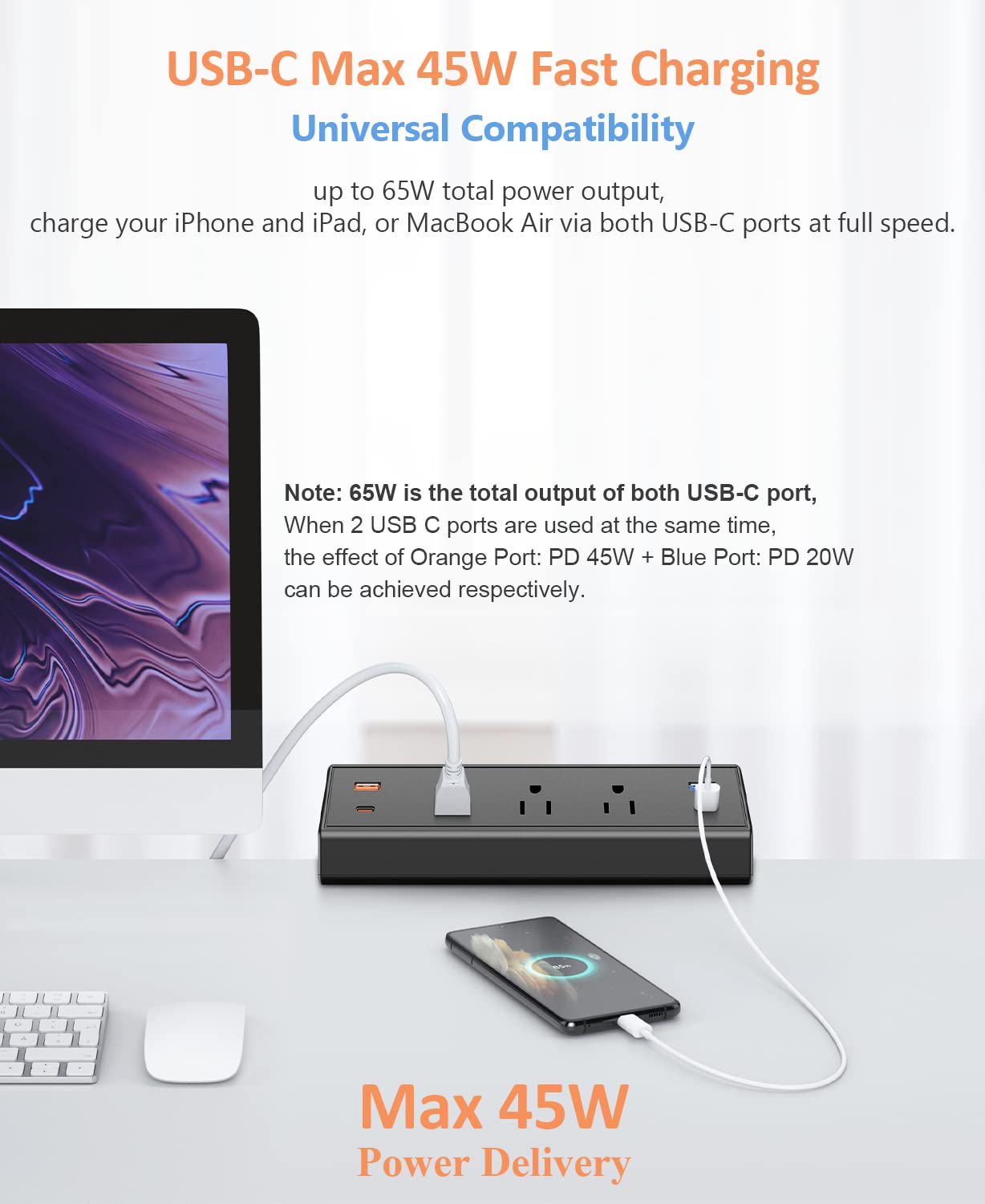 65W Fast Charging Desk Clamp Power Strip with USB-C Ports - Surge Protector with 3 Outlets & 6ft Cord for iPhone 14 Pro Max/iPad/MacBook Air - Perfect for Home Office, Gaming Setup & Bedside Charging (Black)