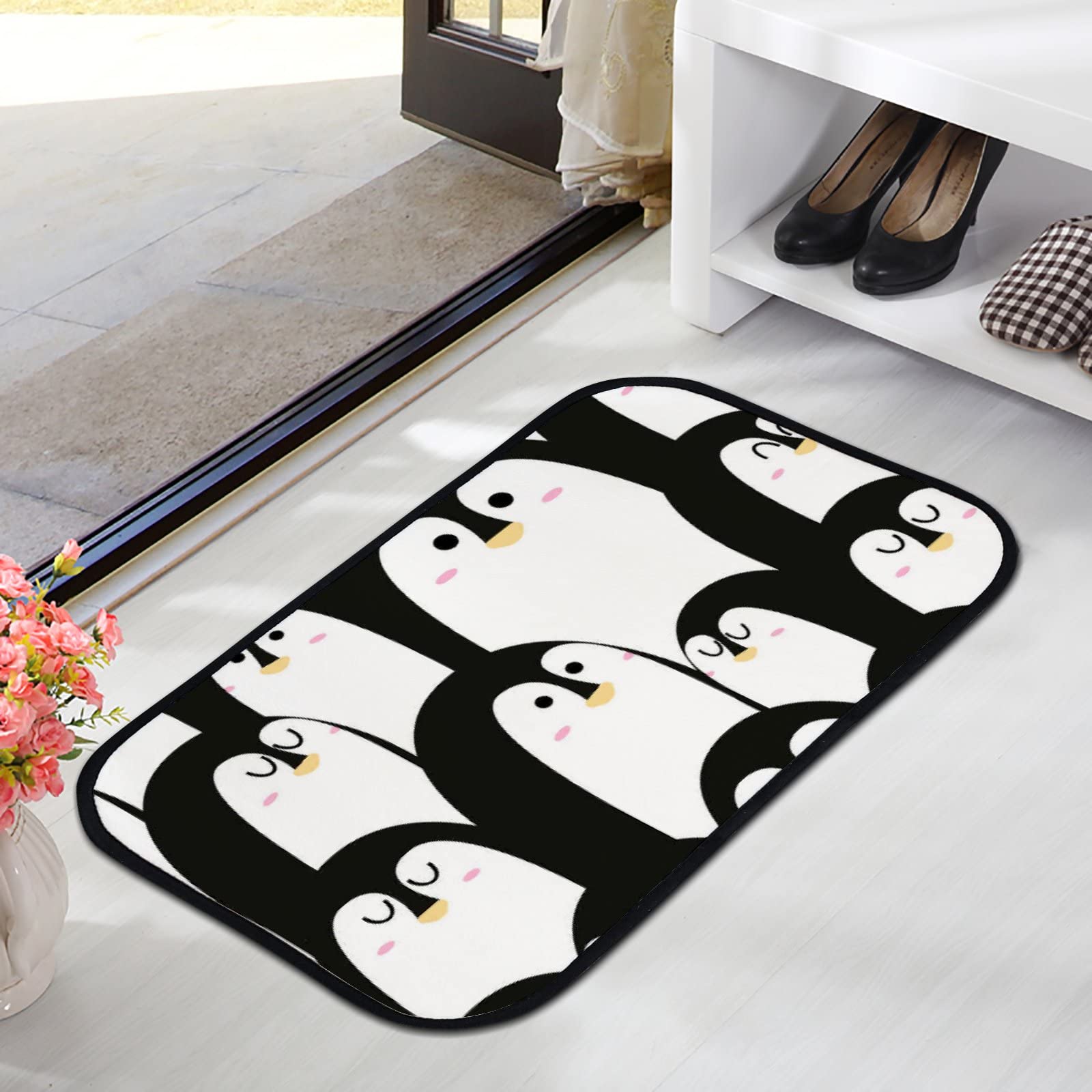 Soft Foam Non-Slip Penguin Print Area Rug - Black & White Washable Bath & Kitchen Mat for Indoor/Outdoor Use (23.6x15.7 Inches) - Perfect for Bathroom, Kitchen, Nursery & Home Decor