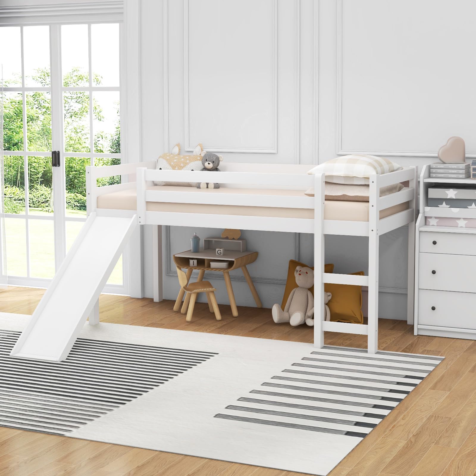 **Giantex Twin Loft Bed with Slide - Wooden Low Loft Bed for Kids & Toddlers - Twin Bed Frame with Climbing Ladder & Storage - No Box Spring Needed - White - Perfect for Small Bedrooms, Playrooms & Sleepovers**