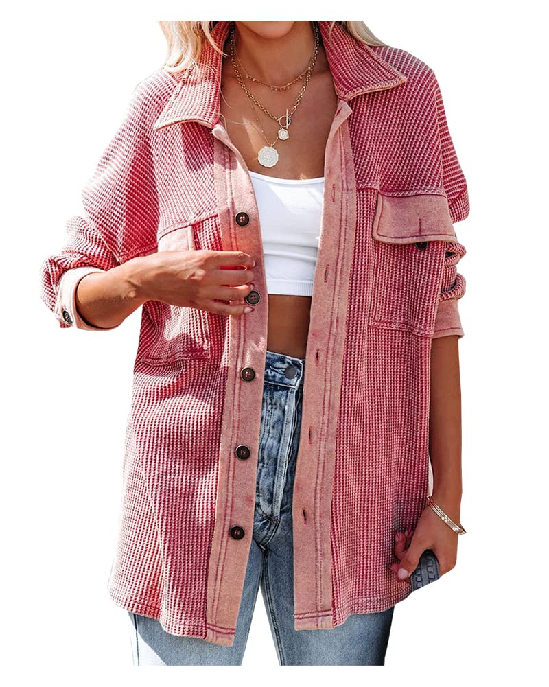 LifeShe Women's Button Down Long Sleeve Waffle Knit Shirt Jacket - Casual Shacket Coat for Fall & Winter - Perfect for Layering, Office Wear, and Weekend Outfits