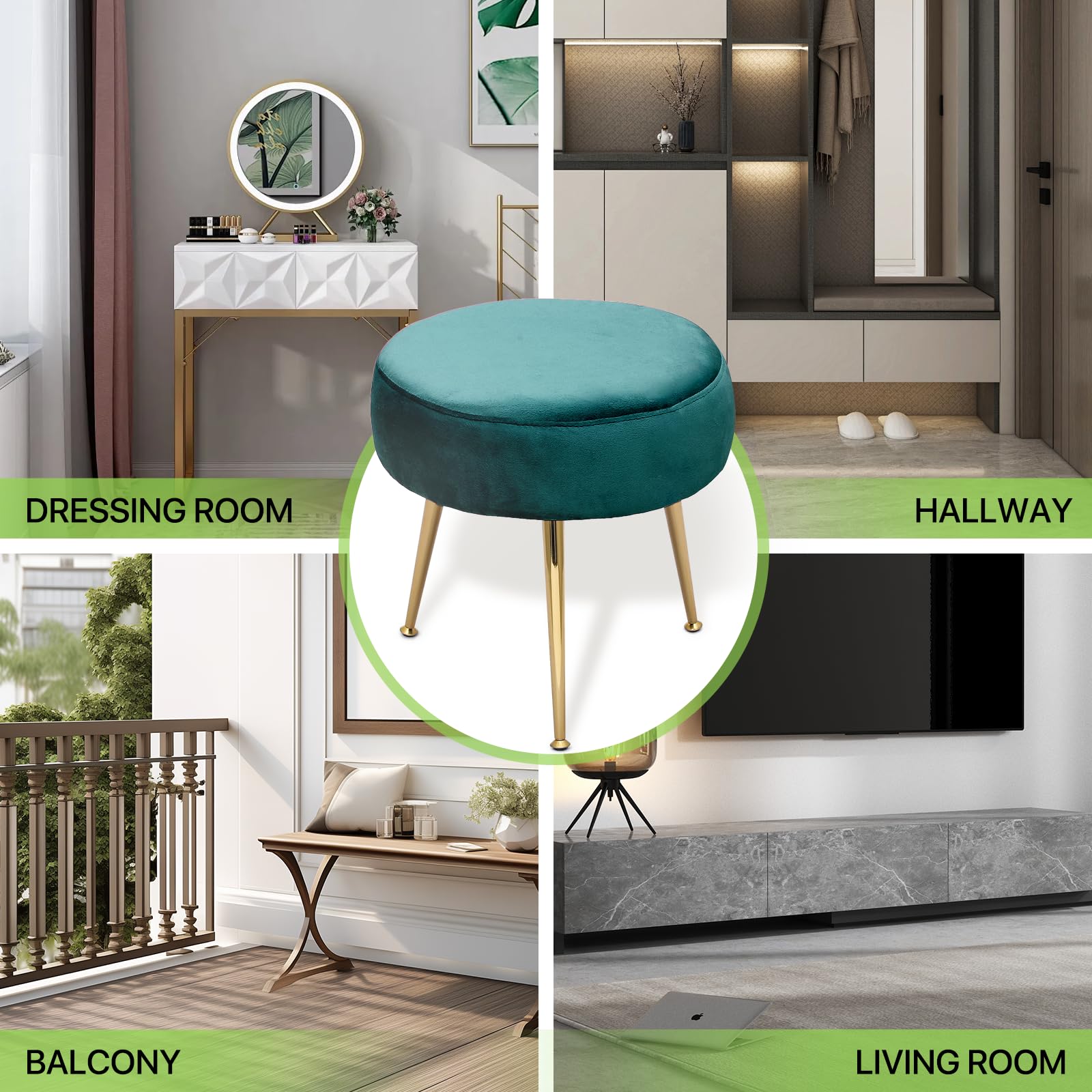 Magshion Velvet Vanity Stool - Round Ottoman Makeup Chair with Sturdy Metal Legs, Small Footstool for Dressing Room, Bedroom & Living Room | Elegant Green Velvet Upholstery | Perfect for Makeup Vanity, Lounging & Home Decor