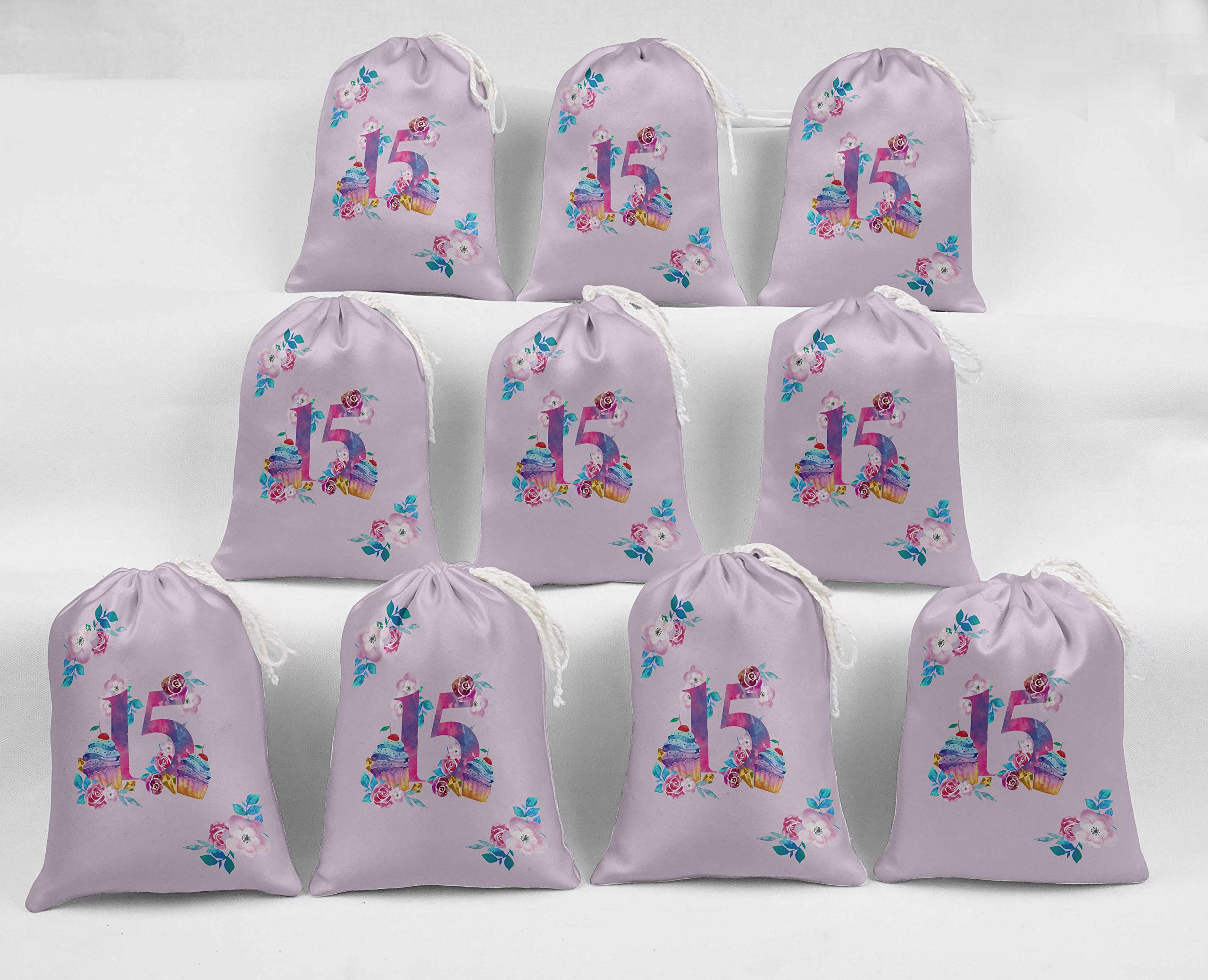 15-Piece Purple Floral Quinceañera Favor Bags | Elegant Party Gift Pouches for Sweet 15 Celebrations, Bridal Showers & Special Occasions