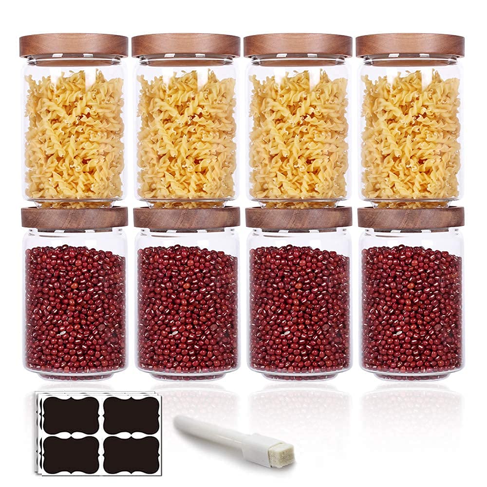 SAIOOL Wooden Kitchen Decor Set - Glass Pantry Storage Containers with Airtight Lids for Flour, Sugar, Coffee & Spices - Rustic Home Organization for Pantry, Countertop & Cabinet Storage