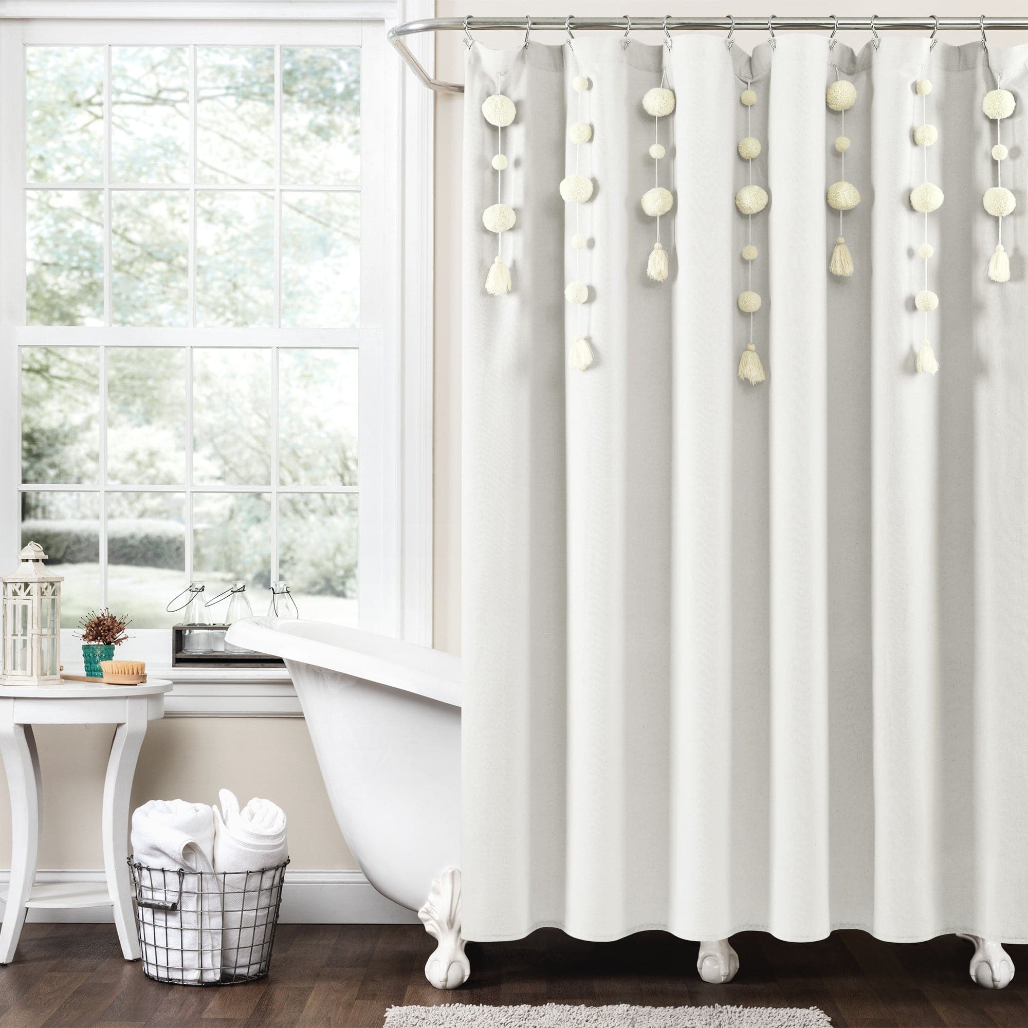 Boho Pom Pom Tassel Faux Linen Shower Curtain - Waterproof Bathroom Decor for Bohemian Style, Farmhouse & Coastal Homes (72x72 Inches) - Perfect for Master Bath, Guest Bath & Kids' Bathroom