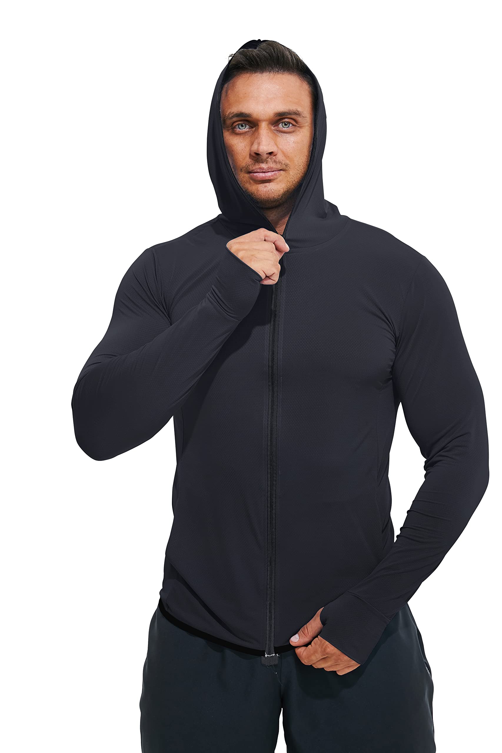 Men's UPF 50+ Sun Protection Hoodie - Lightweight Full Zip Long Sleeve Jacket with Pockets for Hiking, Fishing & Outdoor Activities