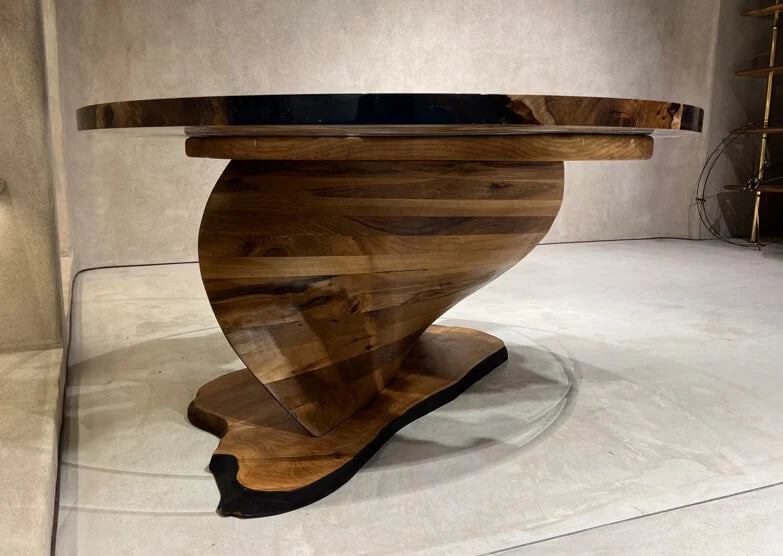 Handmade Round Epoxy Resin Table with Natural Walnut Wood Vortex Base - Modern Coffee Table for Living Room, Office & Dining Room Decor