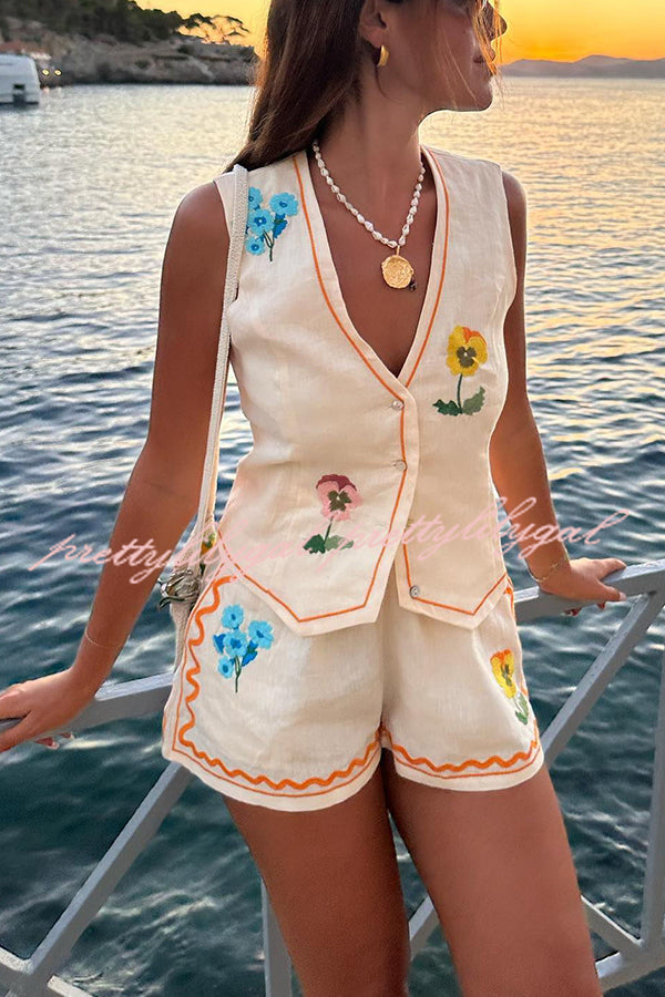 Stylish Summer Flower Printed Linen Blend Vest & Elastic Waist Shorts Set with Pockets - Casual Outfit for Beach Vacation, Picnic, and Summer Fashion
