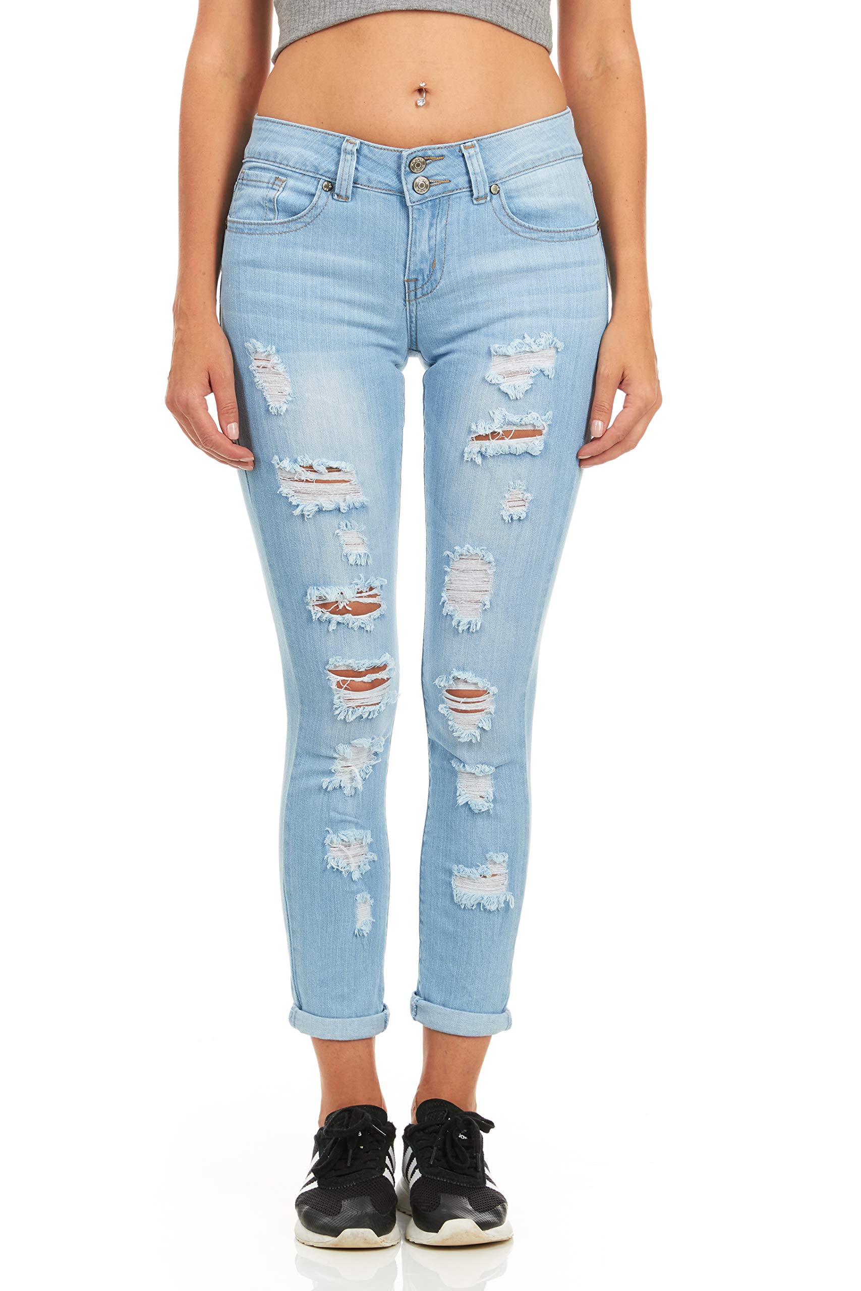 Women's Skinny Ripped Distressed Blue Jeans - Stretch Denim High Waist Slim Fit Pants for Casual Wear & Street Style Fashion