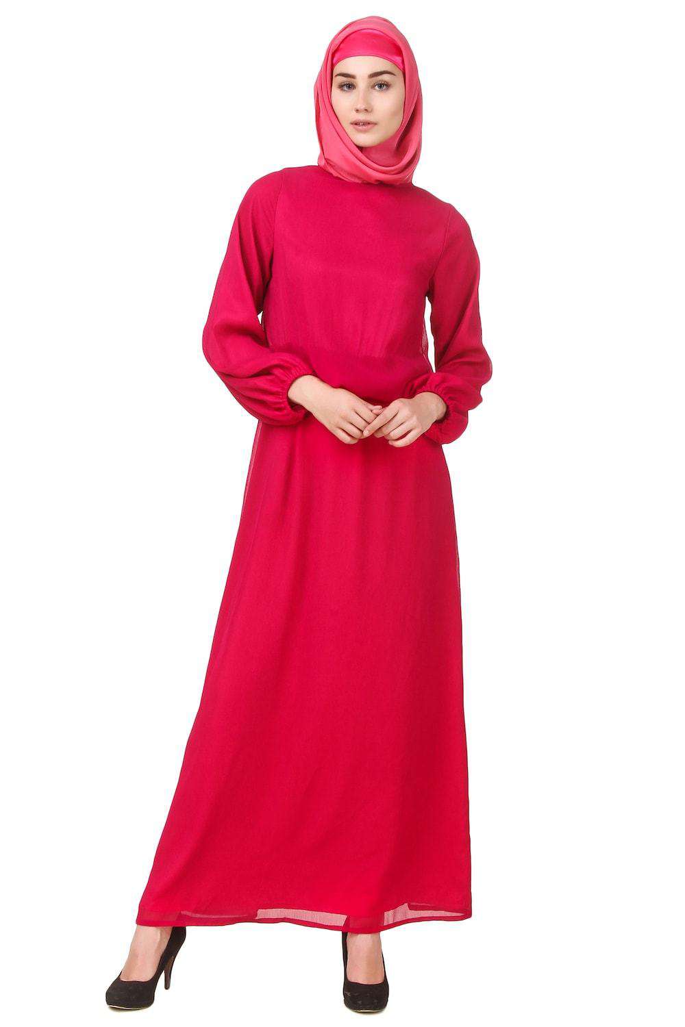Elegant Magenta Dual Layer Chiffon and Satin Abaya Dress AY 704 - Modest Islamic Prayer Dress for Women, Perfect for Eid, Ramadan, and Special Occasions