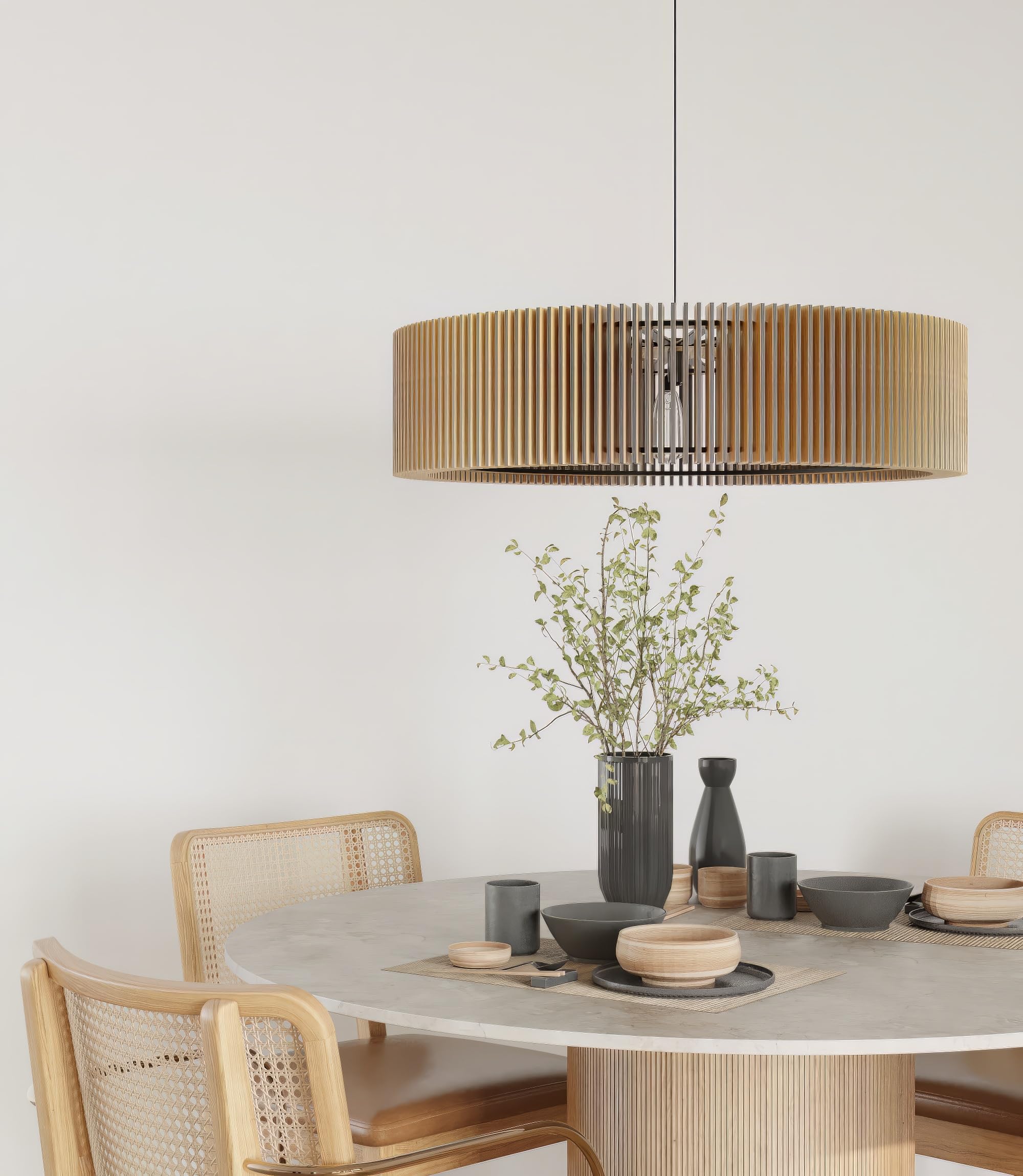 Modern Wooden Pendant Light - Natural Oak Round Chandelier for Kitchen Island, Dining Room & Living Room Ceiling Lighting Fixture with Large Wooden Lampshade - Perfect for Farmhouse, Rustic & Contemporary Home Decor