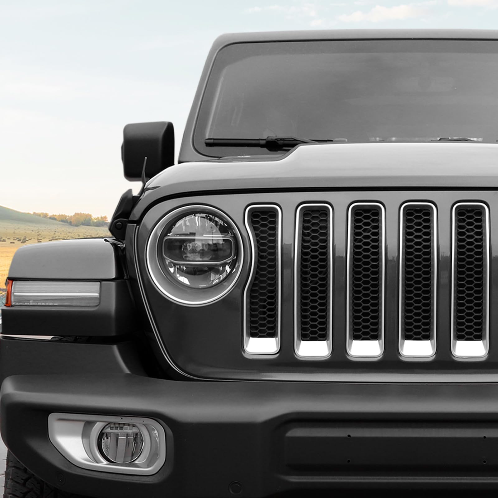 RT-TCZ Silver Mesh Front Grille Grill Insert & Headlight Cover Trim for Jeep Wrangler JL/JLU (2018-2022) - 9-Piece Exterior Accessories Kit for Off-Road Protection & Style Enhancement