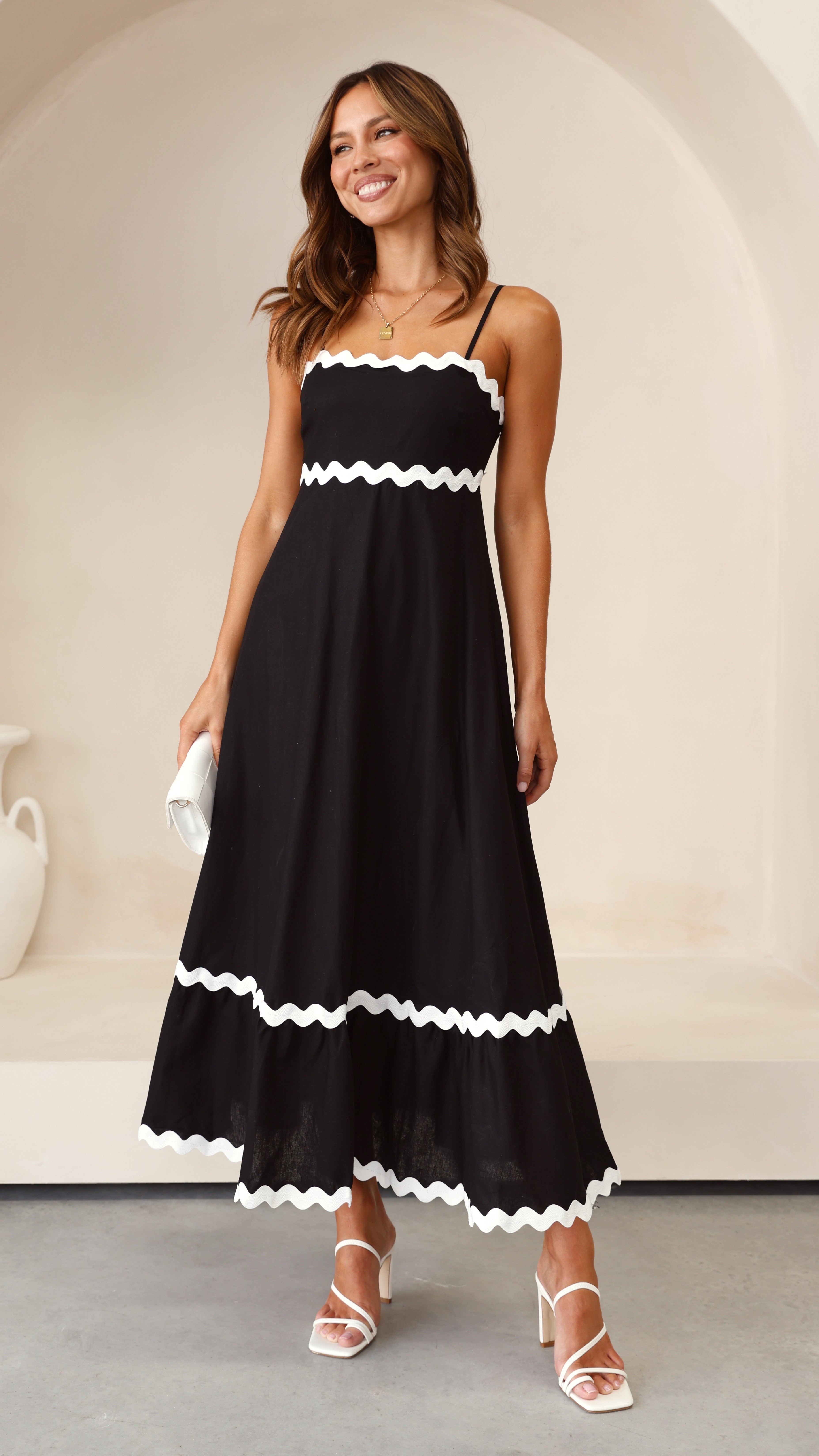Brodey Midi Dress for Women - Elegant Black & White Flowy Summer Dress for Casual Outings, Date Nights & Beach Vacations
