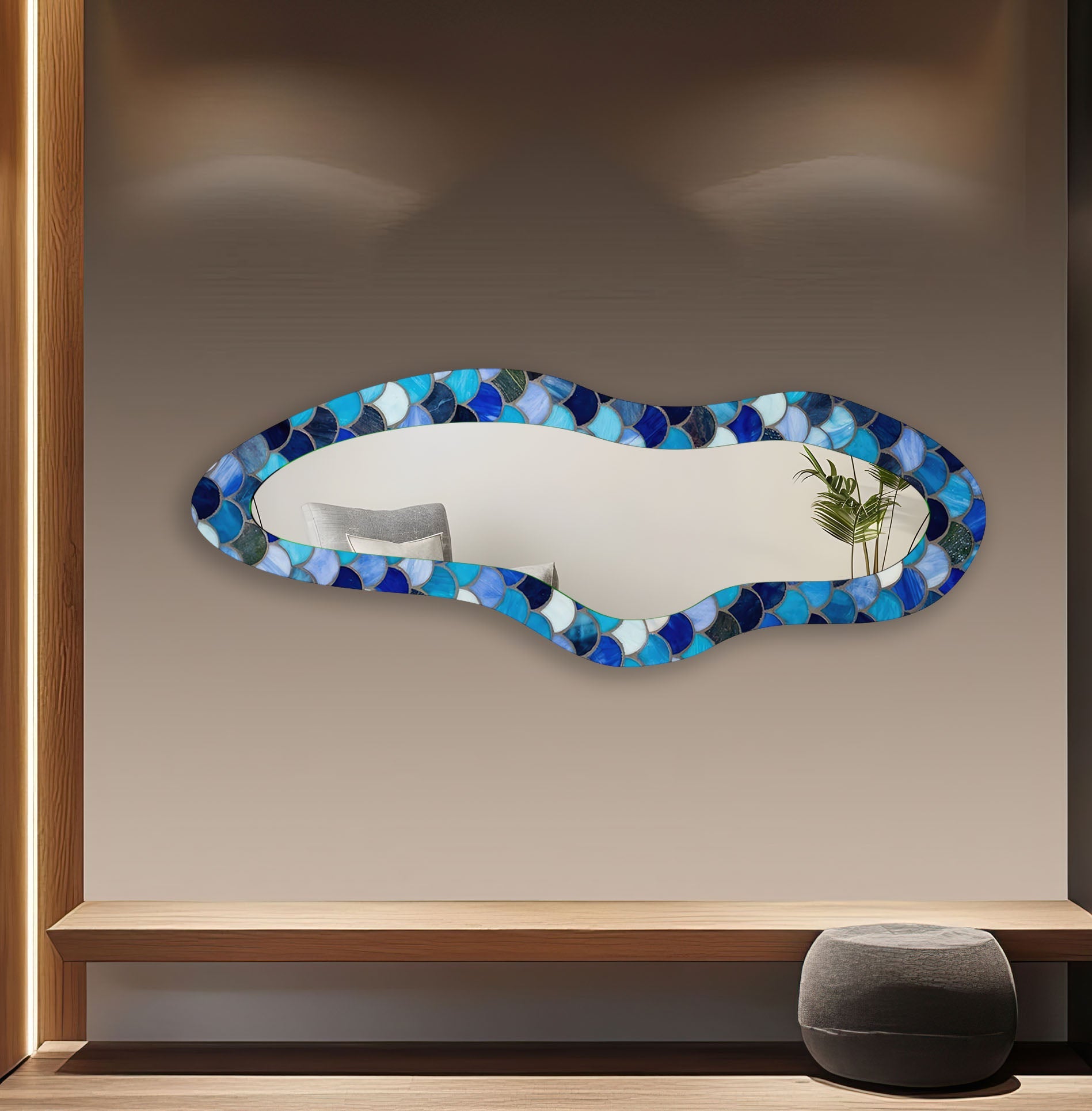 Handmade Blue Stained Irregular Long Glass Wall Mirror - Unique Boho Decor for Living Room, Bedroom & Entryway