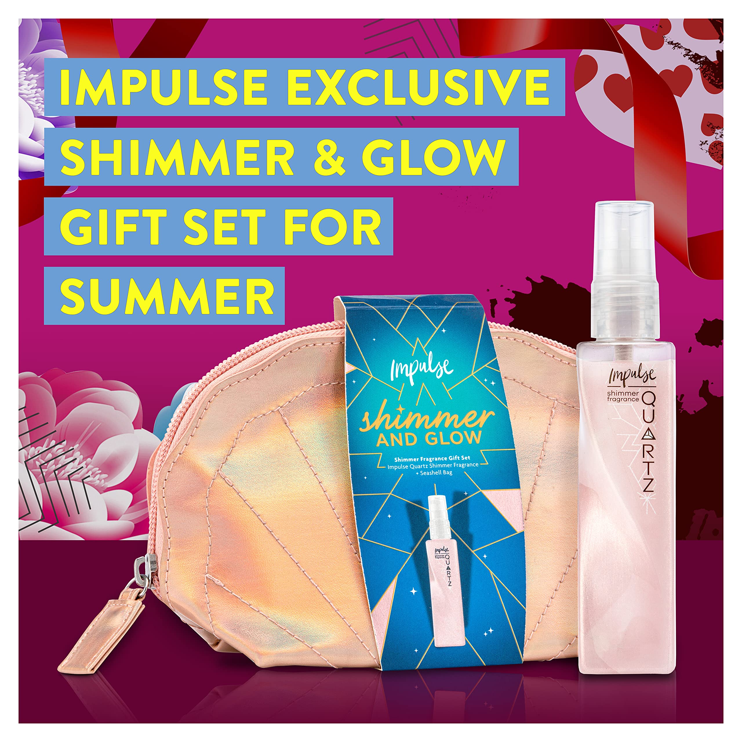 Impulse Shimmer and Glow Fragrance Gift Set - Festive Body Mist & Seashell Makeup Bag | Perfect for Holidays, Parties & Special Occasions