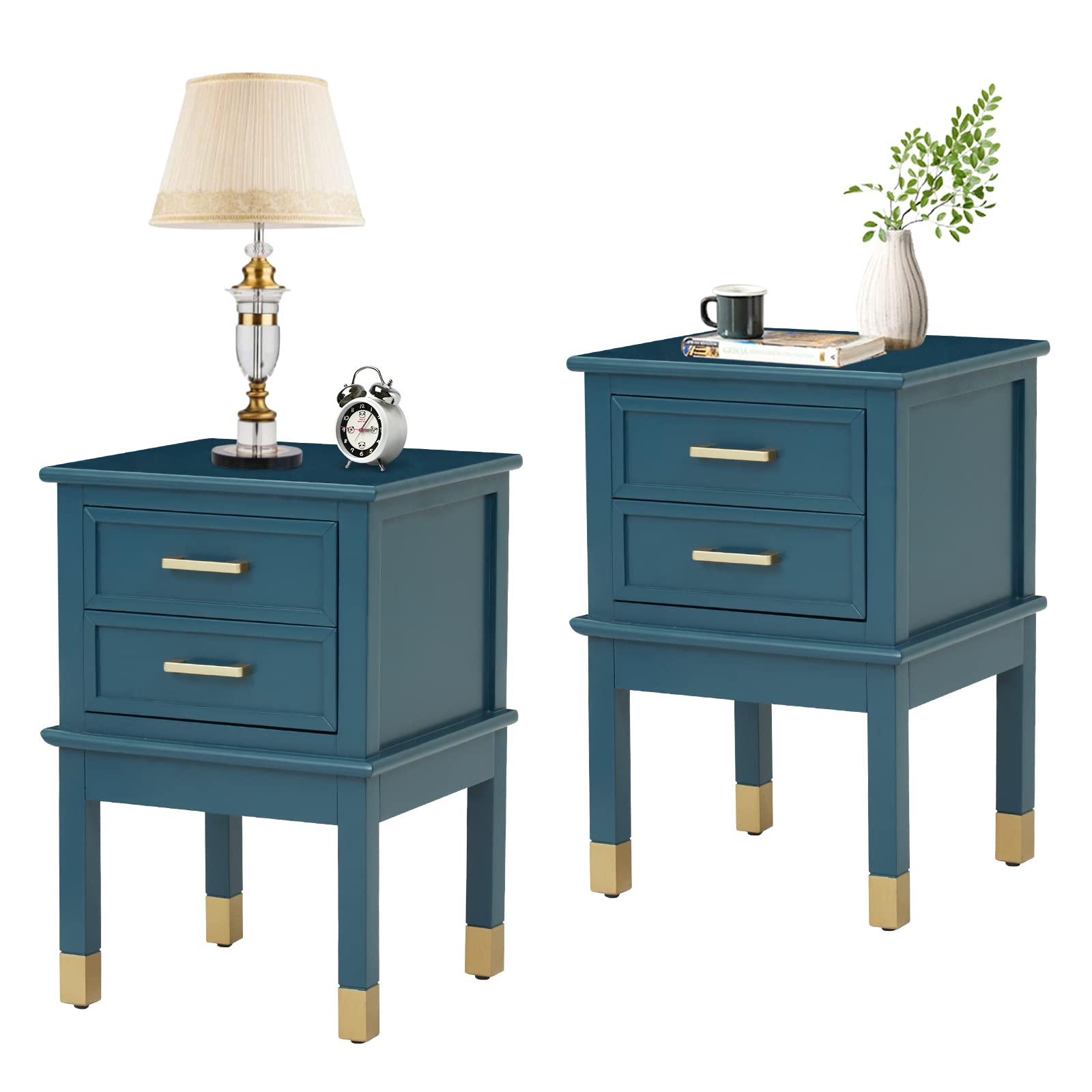 Kinbor Set of 2 Retro End Tables with Storage Drawers - Nightstand & Side Table for Bedroom, Living Room & Entryway | Solid Wood Legs, Blue MDF Bedside Tables | Perfect for Small Spaces, Apartment Decor & Guest Rooms