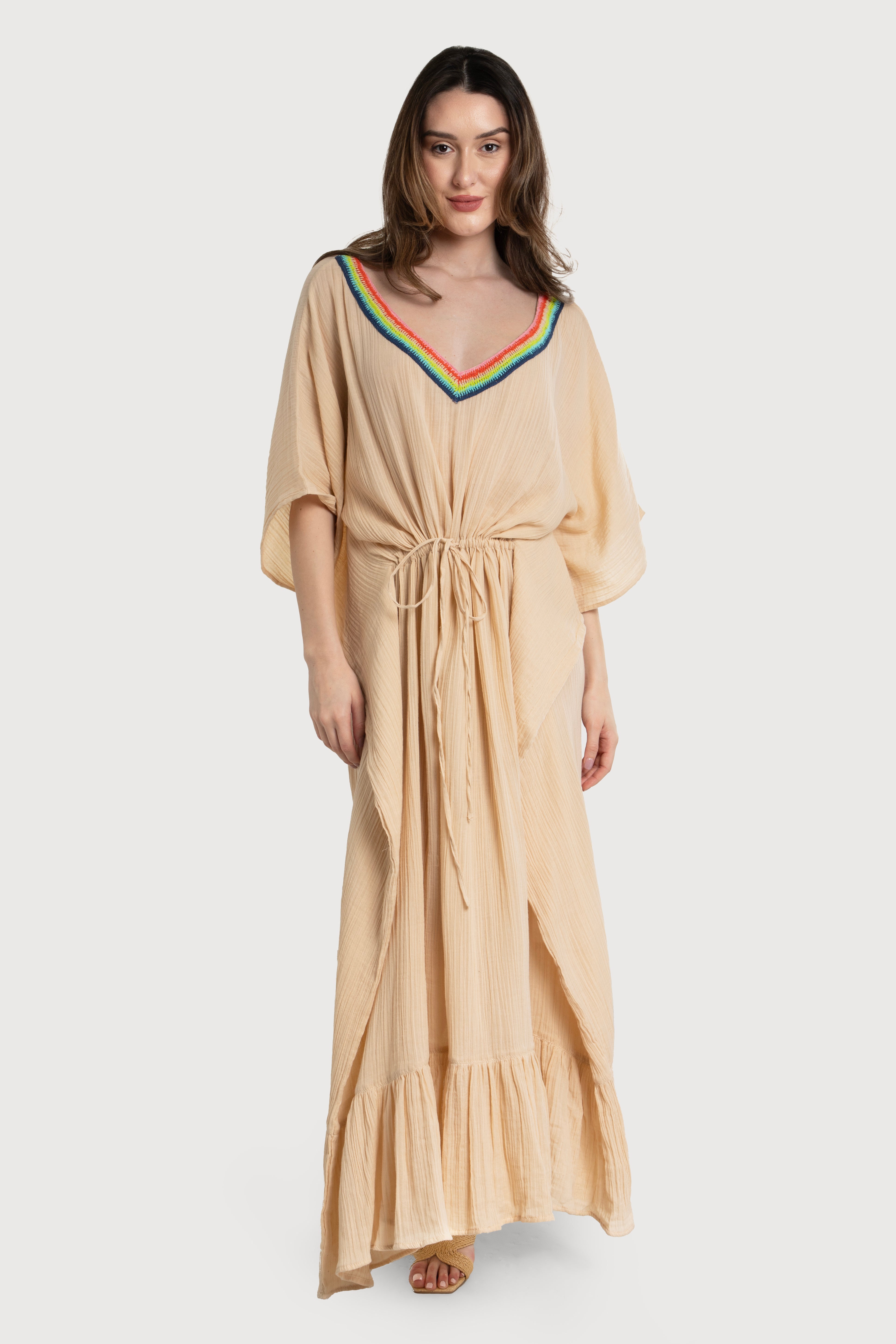 Crochet Rainbow Kaftan Maxi Dress - Boho Chic Beach Cover Up for Women - Perfect for Summer Vacations, Pool Parties & Music Festivals