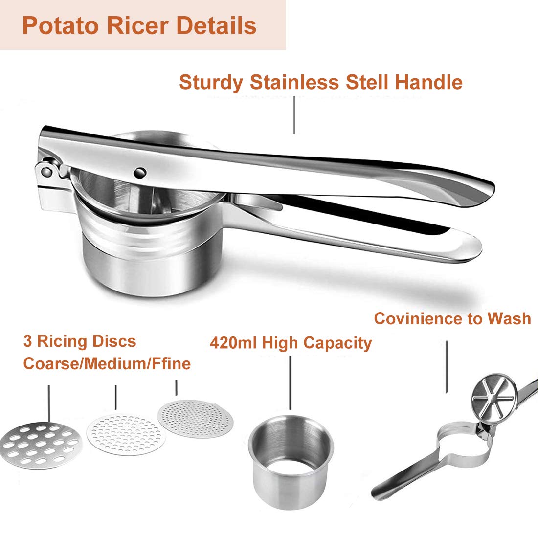 Premium Stainless Steel Potato Ricer & Masher - Heavy Duty Manual Press for Smooth Mashed Potatoes, Baby Food, Juicing Fruits & Vegetables - Ideal for Home Cooking, Baking & Meal Prep