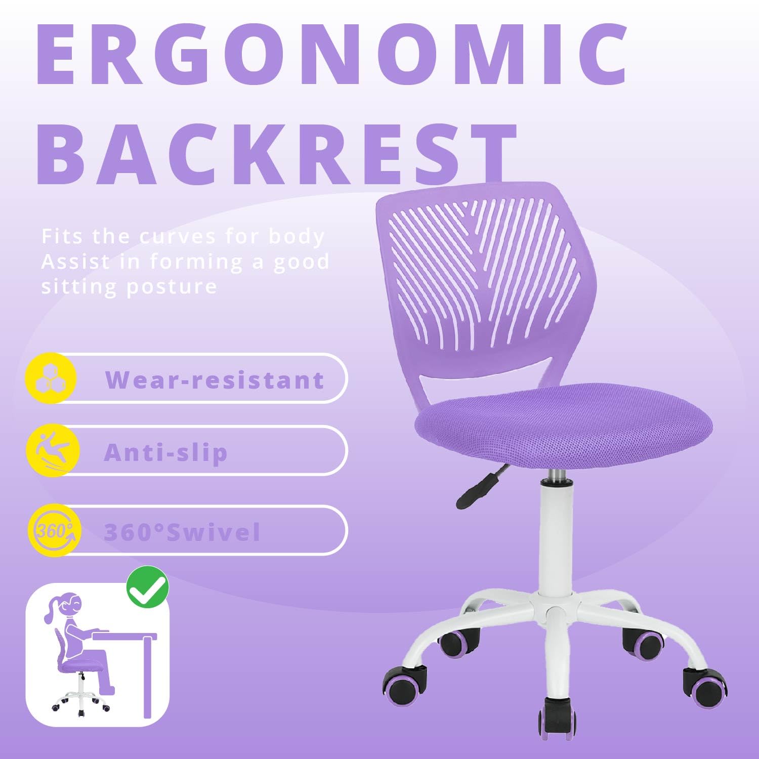 Modern Adjustable Swivel Armless Desk Chair - Ergonomic Computer Task Chair for Home Office & Study Room, Purple - Perfect for Kids, Students & Professionals