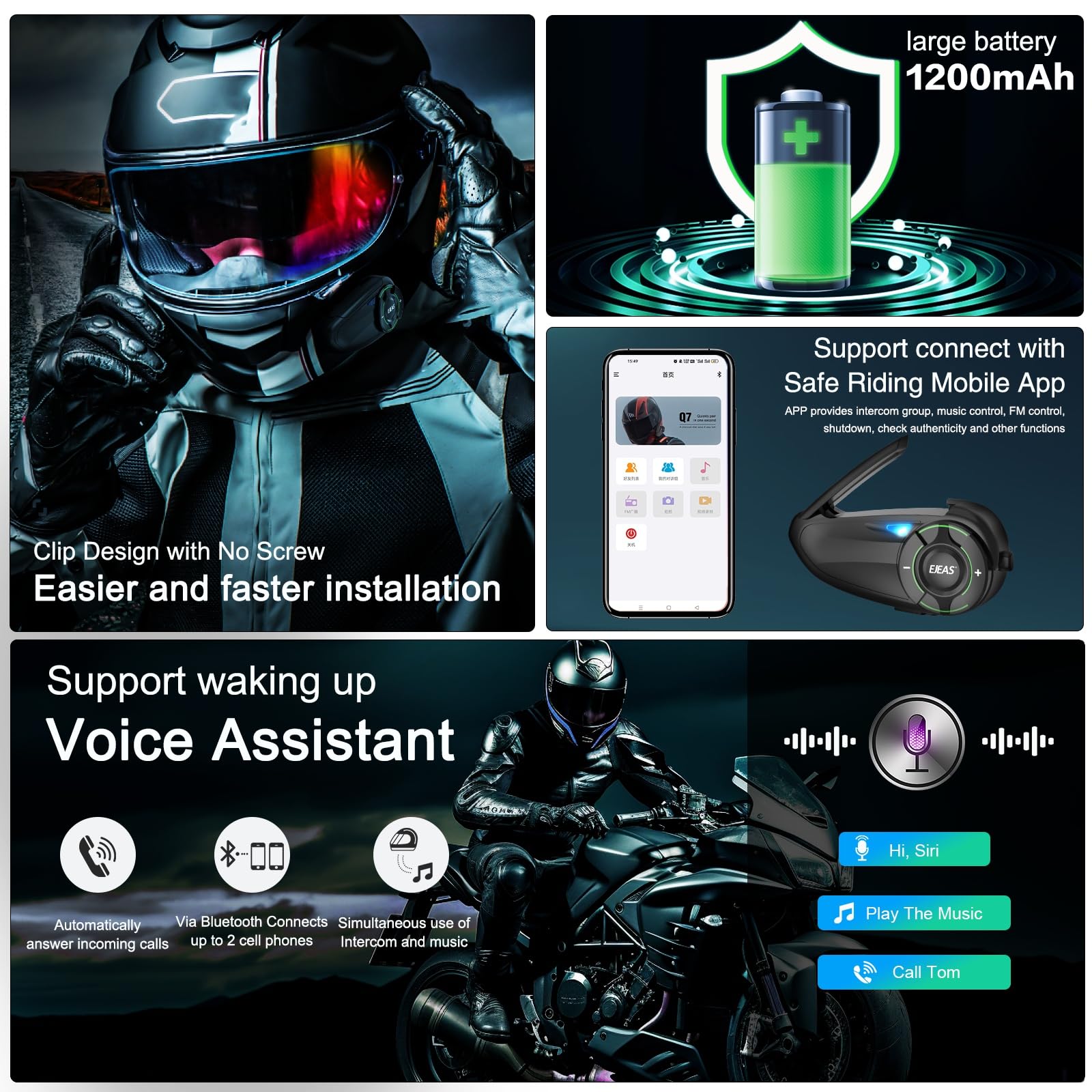 EJEAS Q8 Motorcycle Bluetooth Headset - Upgraded Mesh 3.0 Intercom System with Music Sharing, IP67 Waterproof for 6 Riders Group Communication | Perfect for Group Rides, Road Trips & Adventure Motorcycling