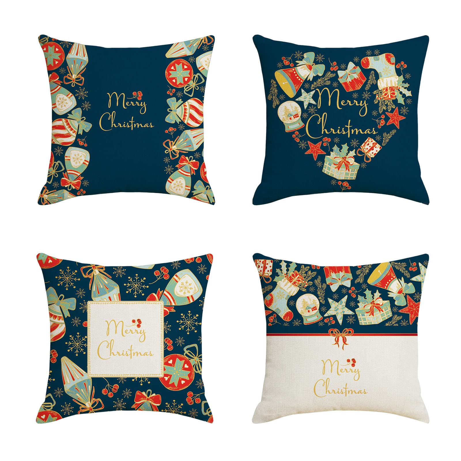QQtangYA Santa Printed Linen Pillow Cover - Christmas Holiday Decorative Sofa Cushion with Silk Zipper | Perfect for Living Room, Bedroom Decor & Seasonal Gift Giving (A,B,C,D, One Size)