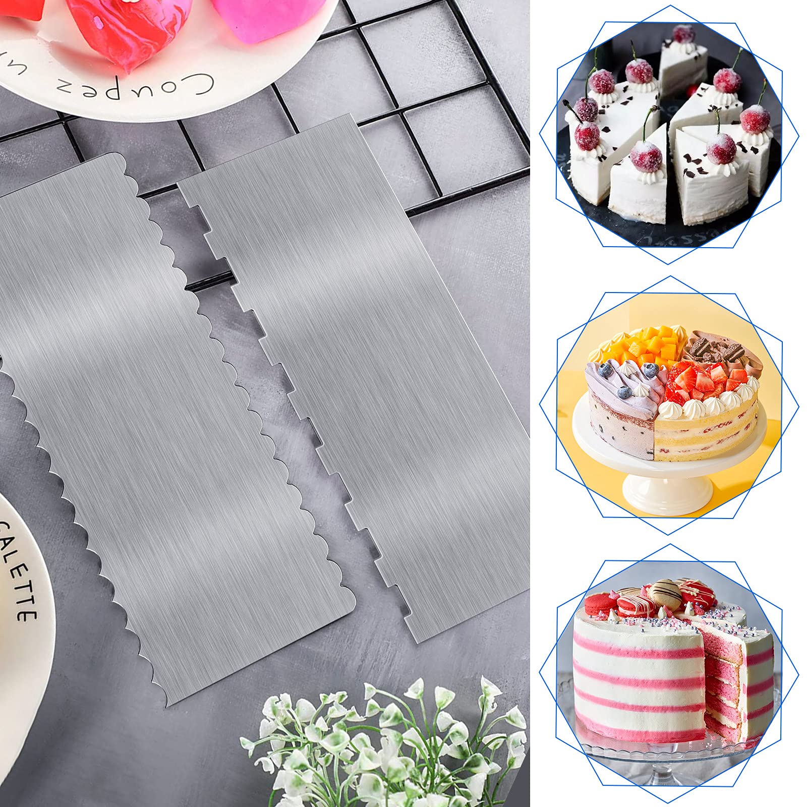 2-Piece Stainless Steel Cake Scraper Set - Professional Pastry Decorating Tool for Smoothing Buttercream, Edging Cakes & Christmas Dessert Decorations - Ideal for Bakeries, Home Baking & Cake Decorating Parties