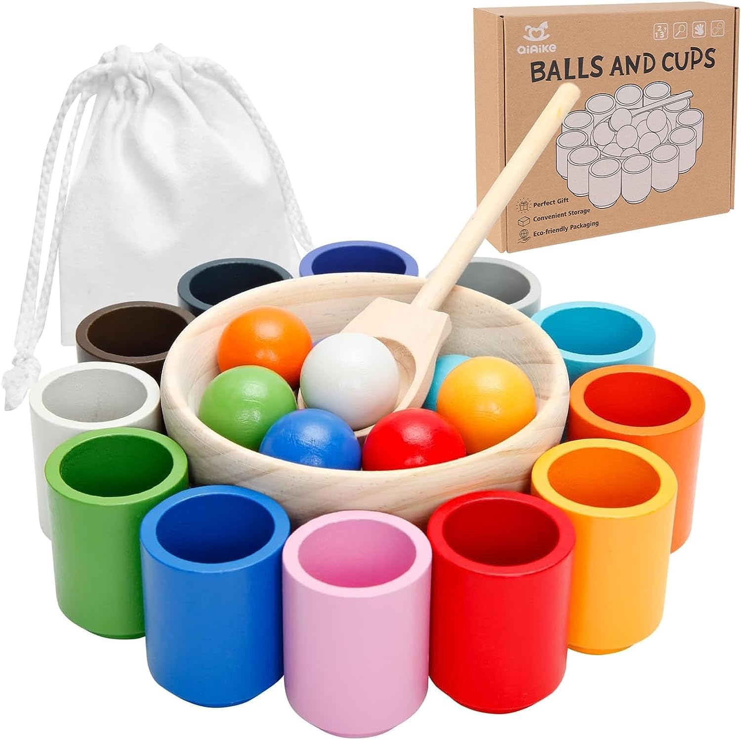 Montessori Wooden Toy - 12 Color Sorting Balls in Cups for Toddlers, Rainbow Sensory Puzzle Game with Matching Bowls | Early Learning Educational Toy for Preschool & Daycare Playtime