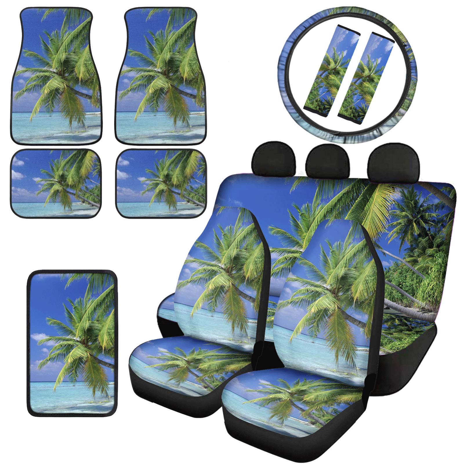 Universal Tropical Palm Tree Ocean Theme Car Seat Cover Set - Soft Steering Wheel Cover, Car Seatbelt Shoulder Pads & Armrest Cushion - Perfect for Beach Trips & Summer Road Trips