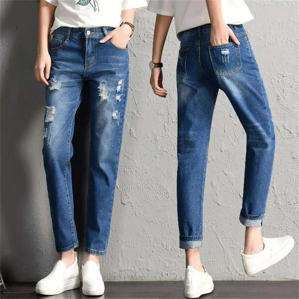 Trendy Women's Mid Waist Boyfriend Jeans with Ripped Holes - Vintage Y2K High Street Denim Pants for Casual Wear | Perfect for Street Style, Date Nights & Everyday Fashion