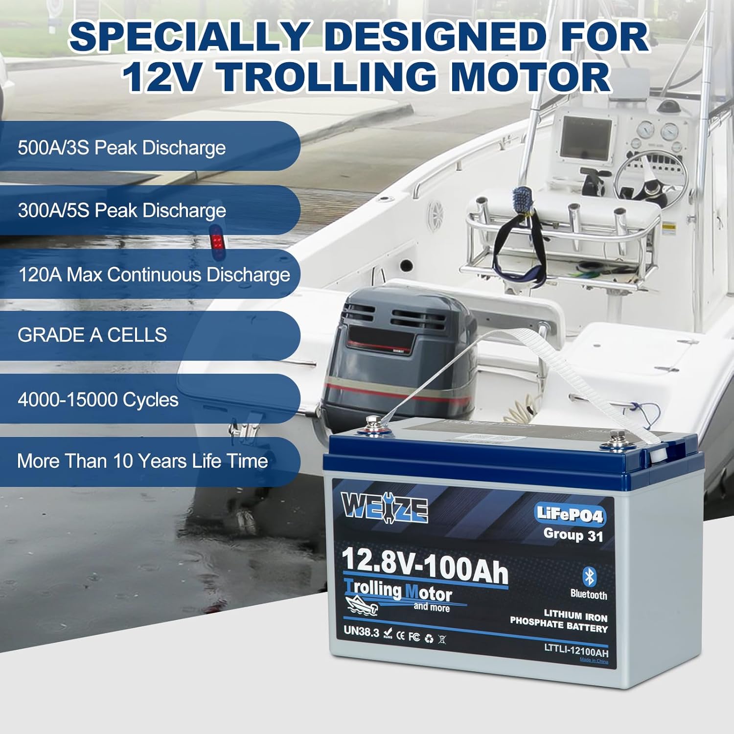 WEIZE 12V 100Ah LiFePO4 Lithium Battery with Bluetooth - Group 31 Deep Cycle Battery for RVs, Boats, Solar Systems & Off-Grid Power Storage