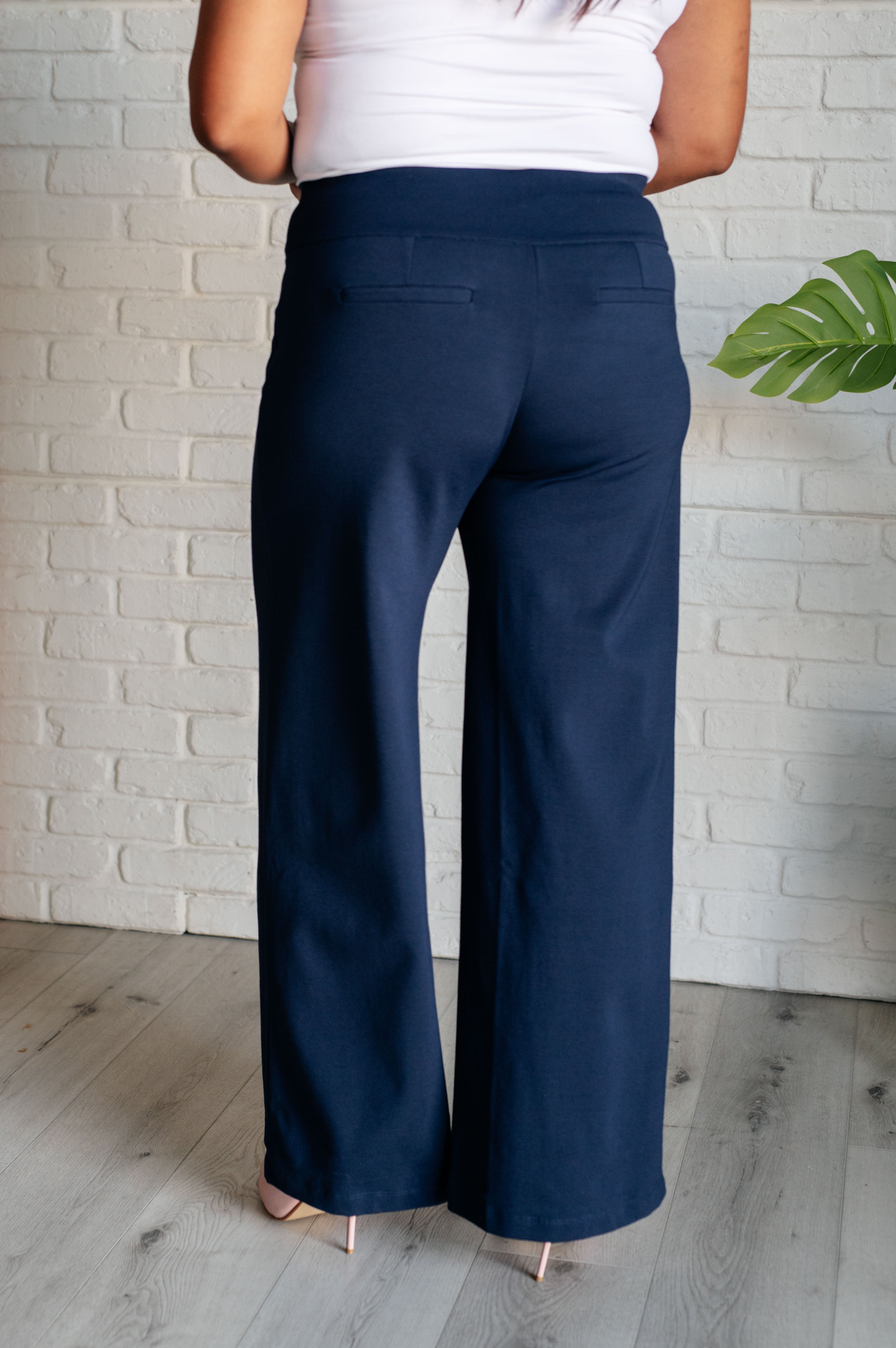 Women's Stretchy High Waist Wide Leg Pants - Navy Blue Comfortable Lounge & Work Pants for Casual Outfits & Office Wear