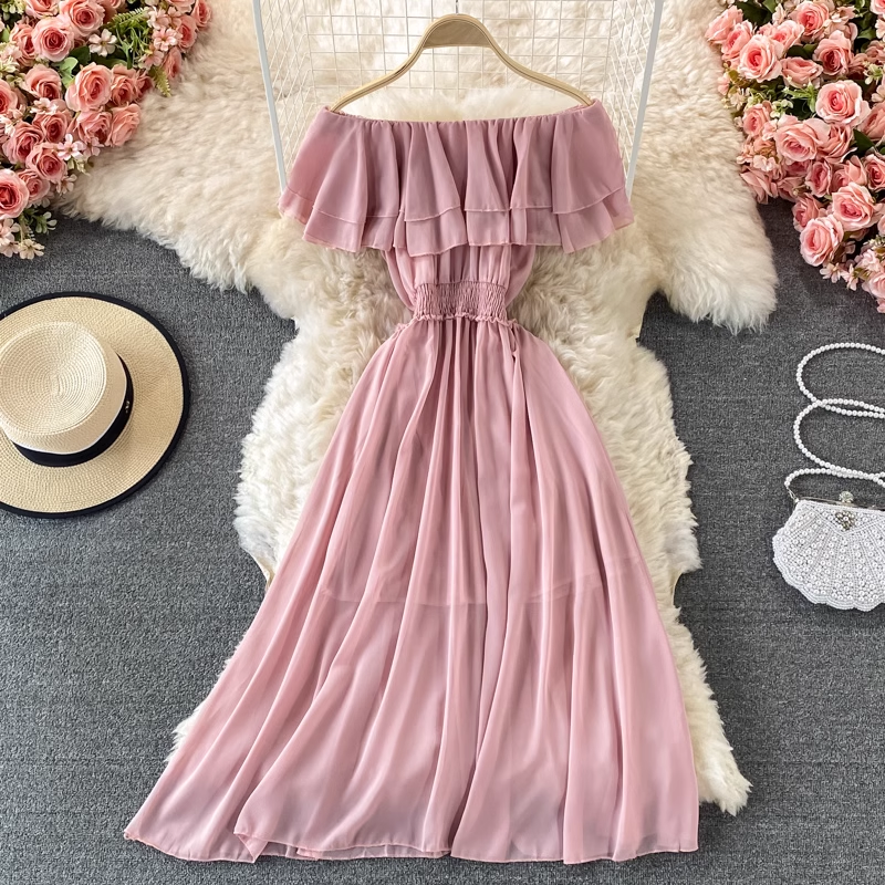 Sexy Off Shoulder Long Skirt with Ruffles - Flowy Chiffon Maxi Dress for Women | Perfect for Beach Vacations, Date Nights & Summer Parties
