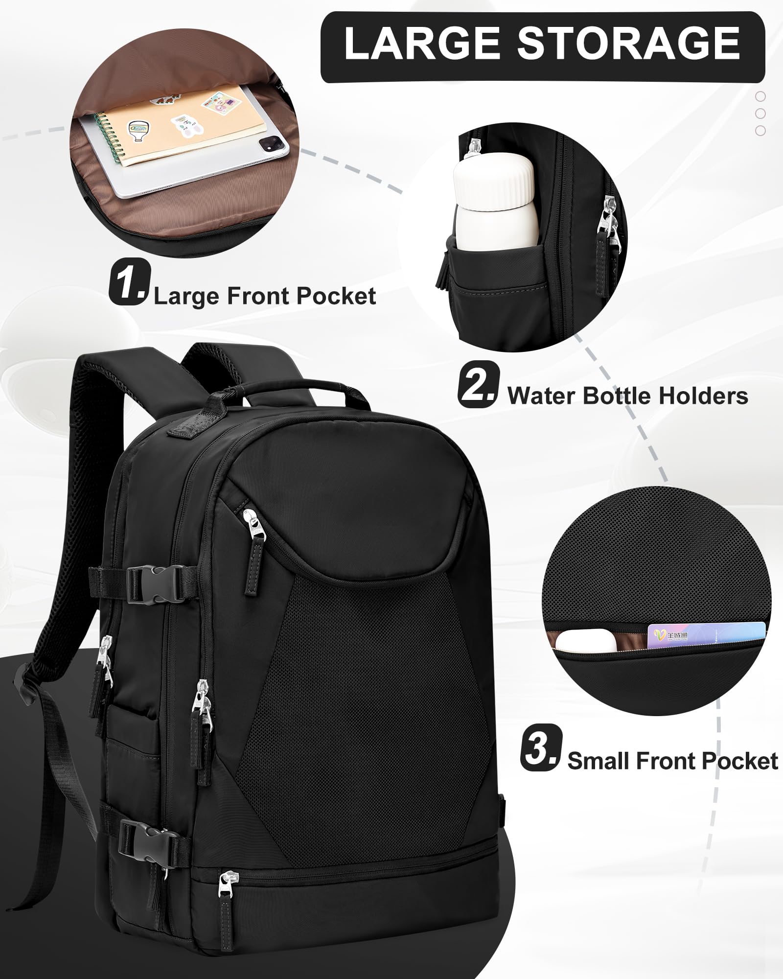 Wepadre Black Large Travel Backpack - Flight Approved Carry On Backpack for Women, Frontier Airlines Personal Item, Durable Traveling Backpack for Business Trips, Weekend Getaways & Airplane Travel